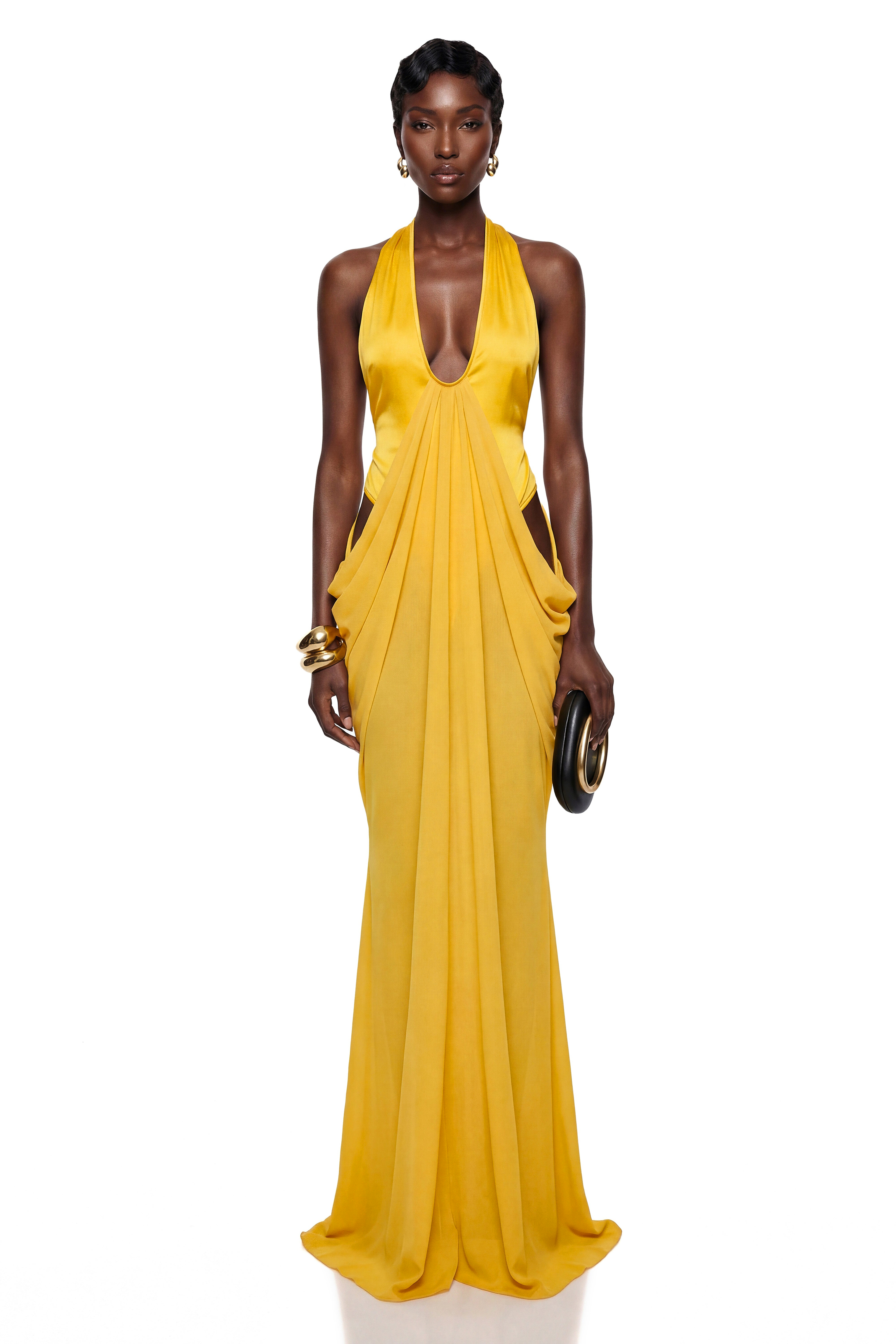 Pele Yellow Cut-Out Ruched Maxi Dress