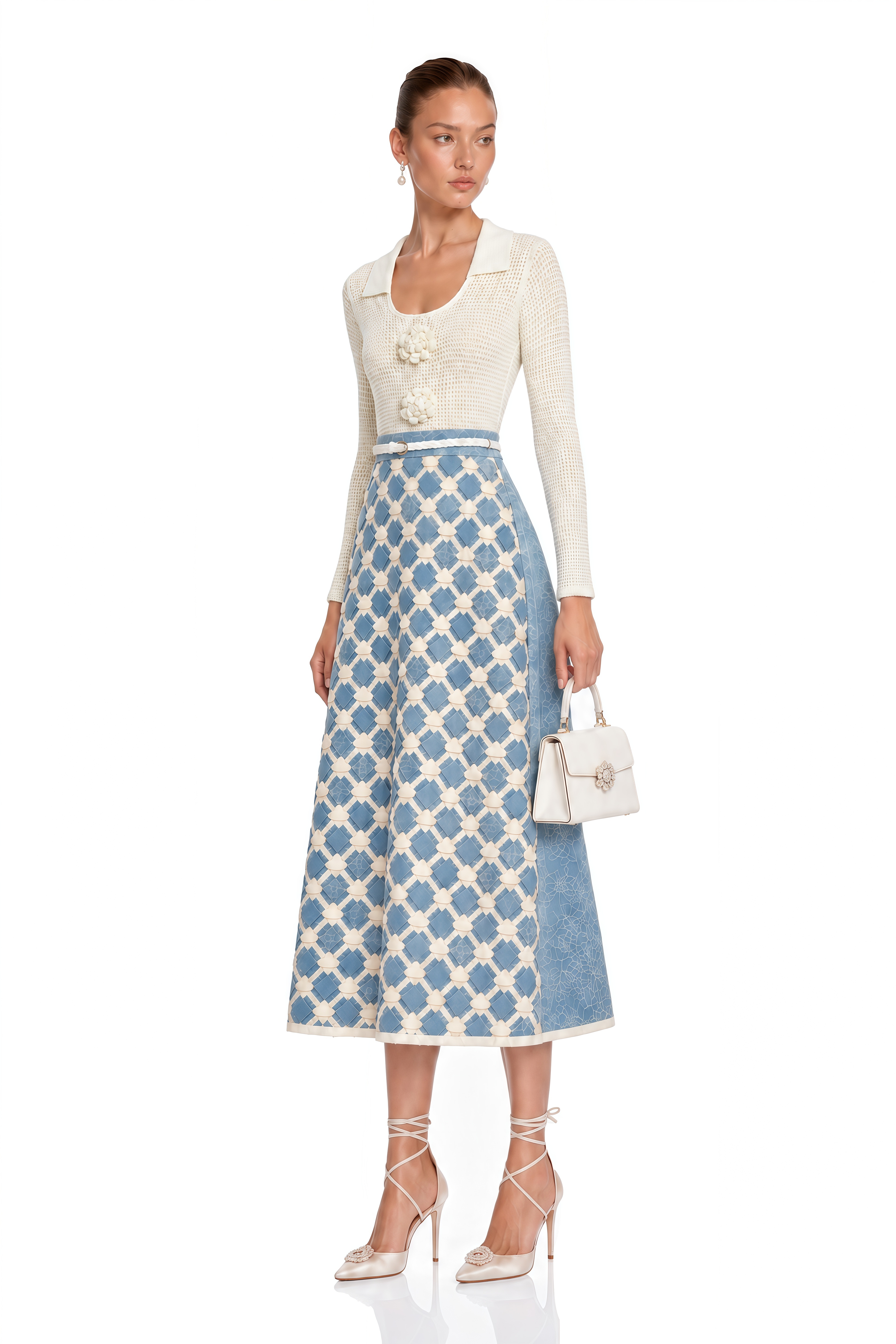 Penelope Blue Knit Midi Dress with 3D Florals