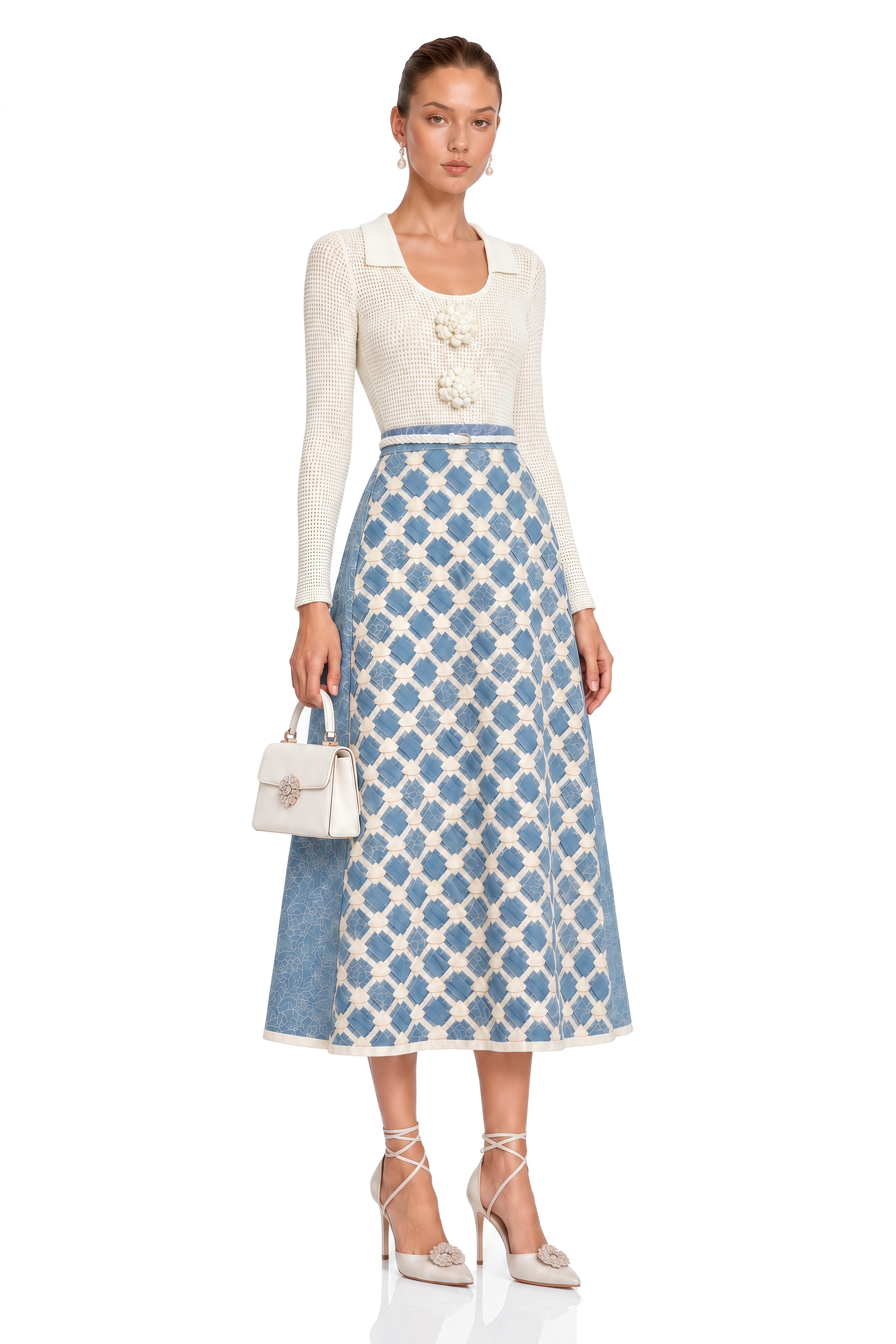 Penelope Blue Knit Midi Dress with 3D Florals