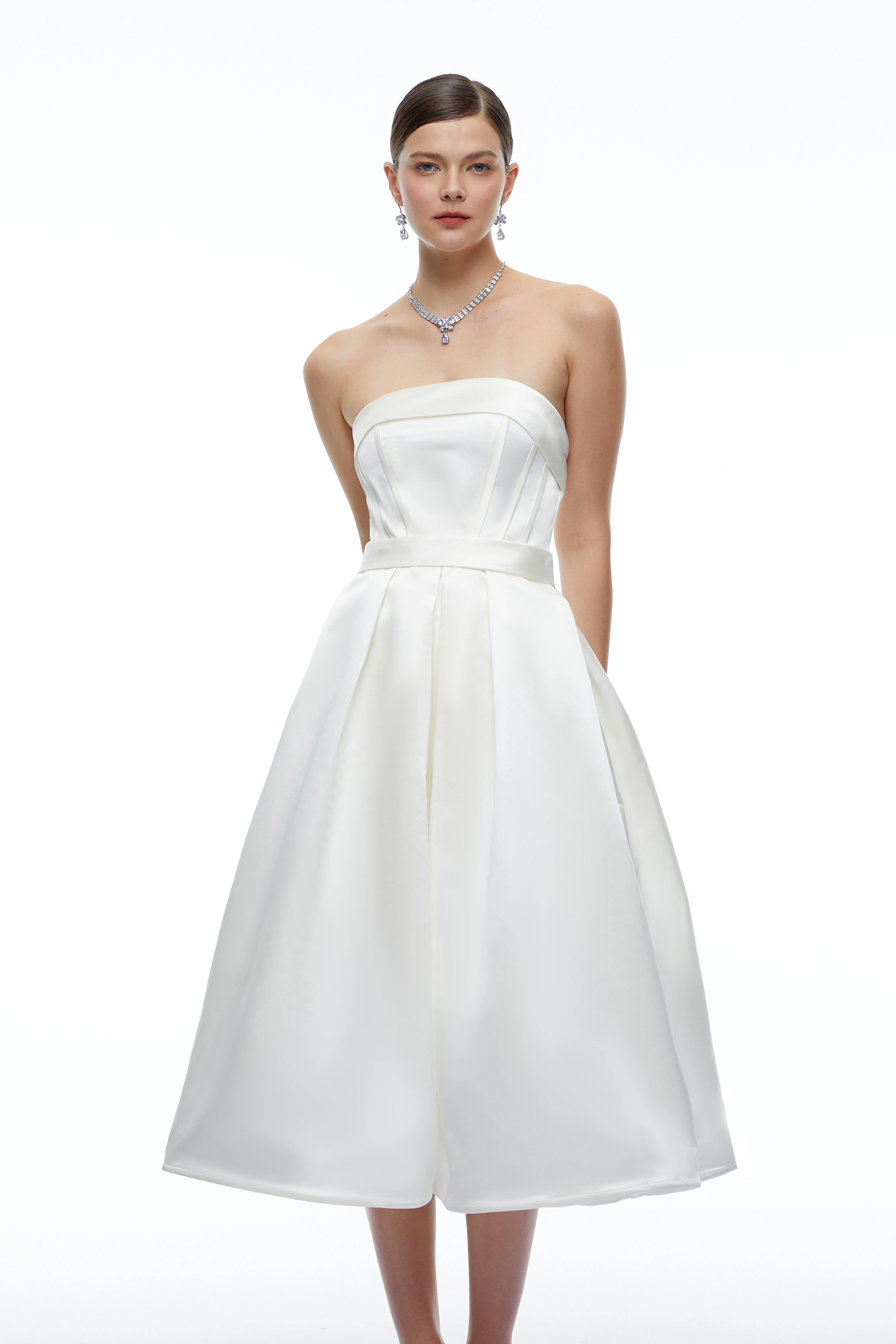 Perdita White Strapless Structured Satin Midi Dress