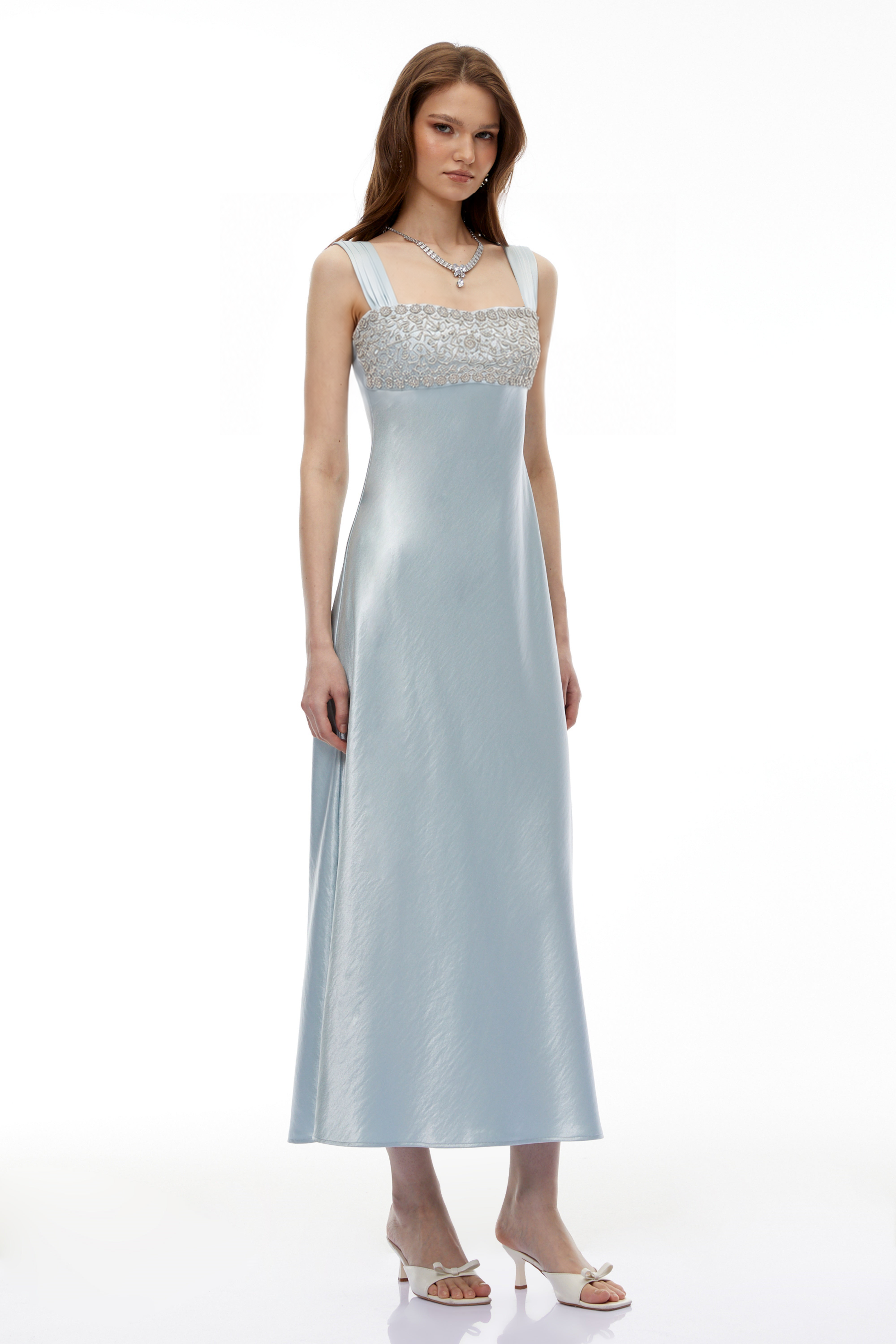 Perrine Cobalt Blue Embellished Satin Midi Dress