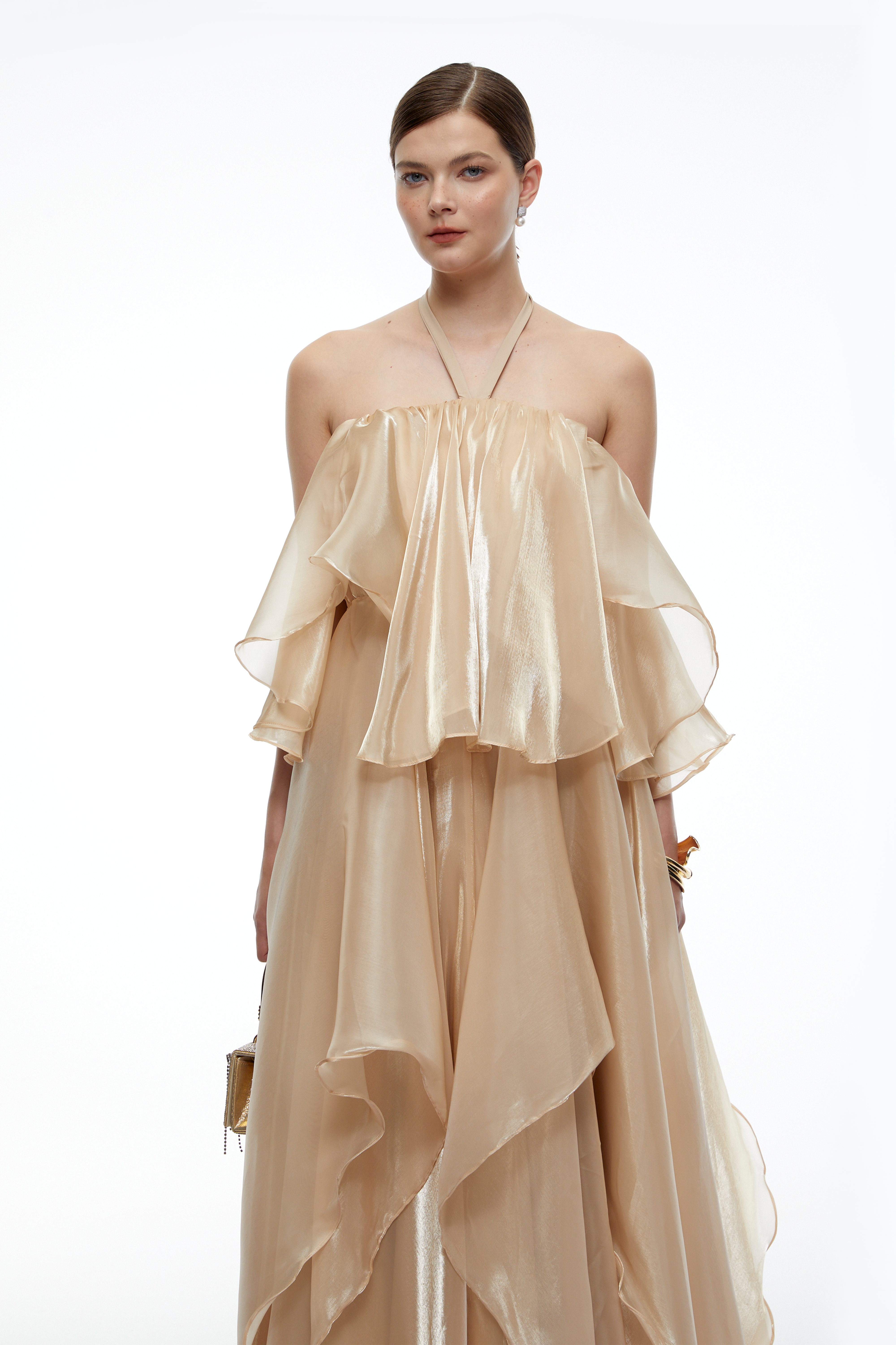 Petra Neutral Halterneck Layered Ruffle Maxi Dress