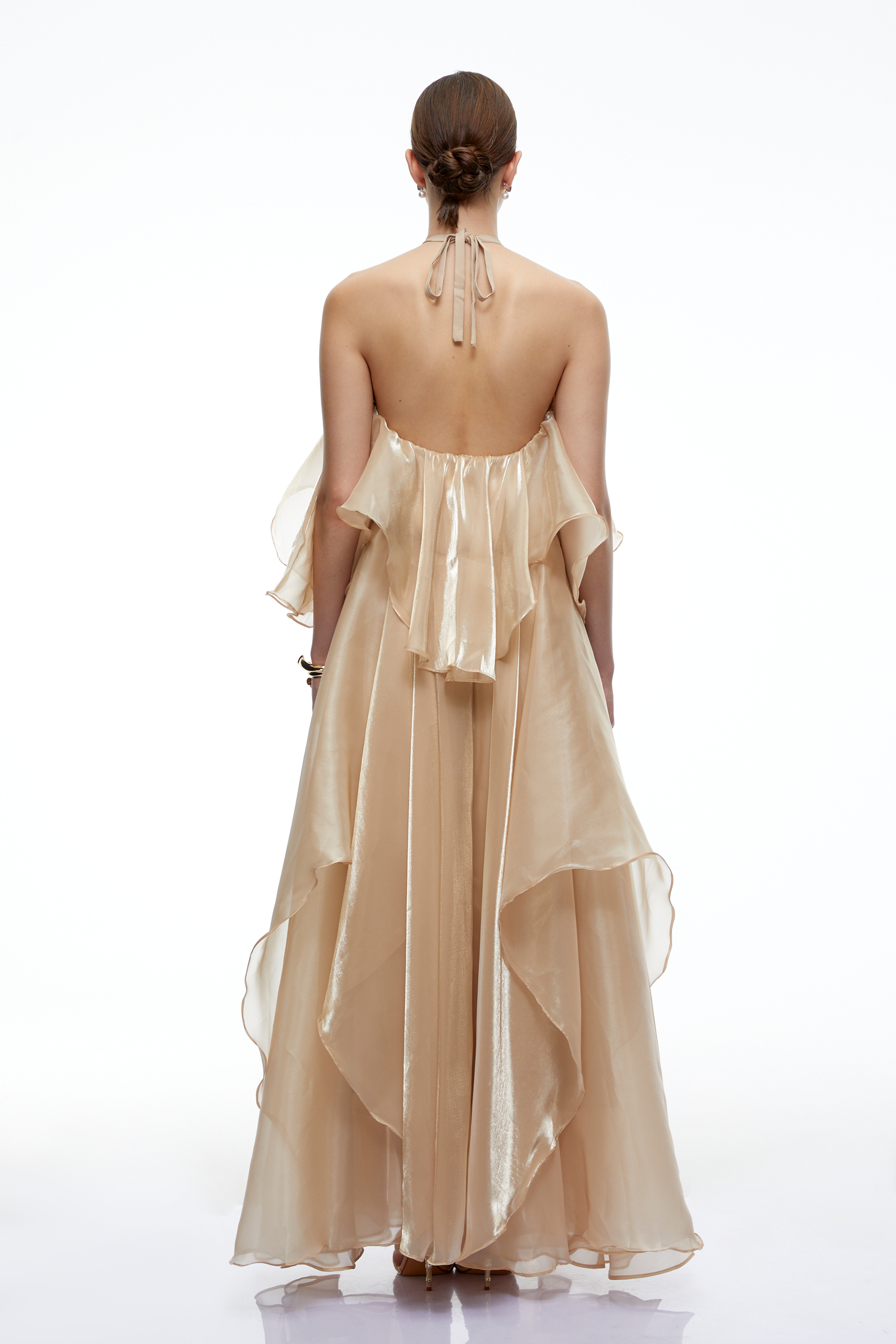 Petra Neutral Halterneck Layered Ruffle Maxi Dress