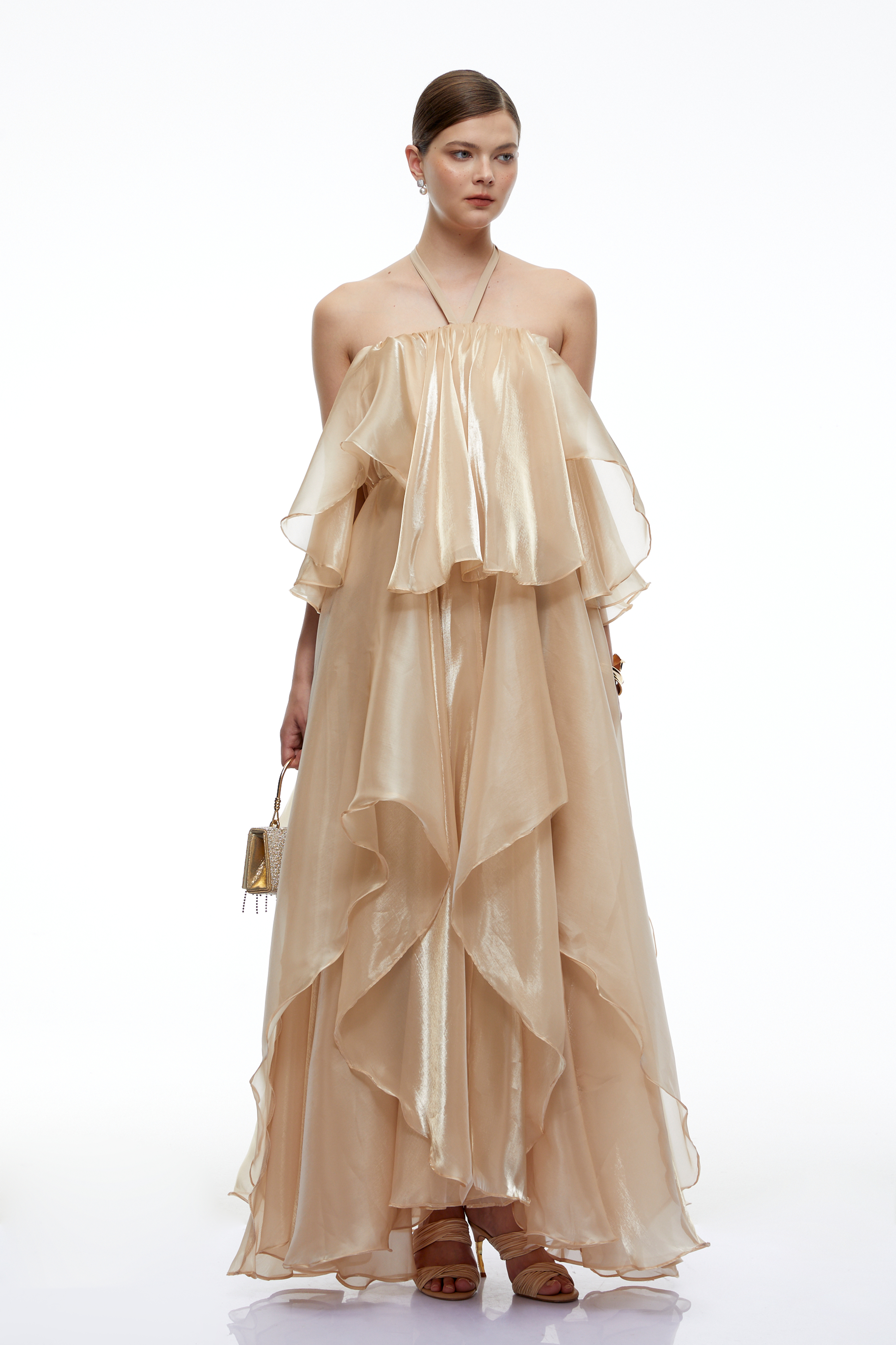 Petra Neutral Halterneck Layered Ruffle Maxi Dress