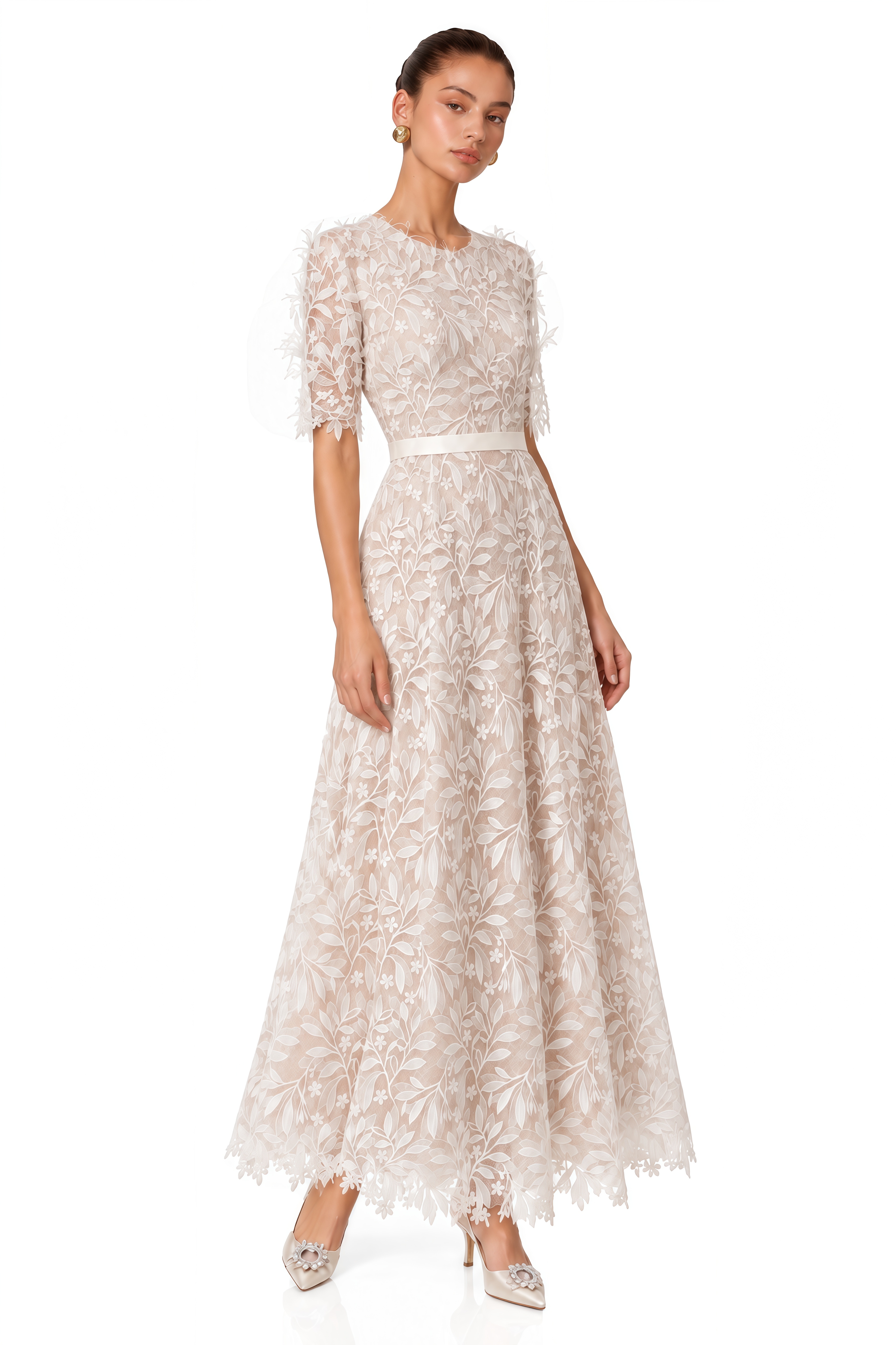 Phoebe White Floral Embroidered Lace Maxi Dress