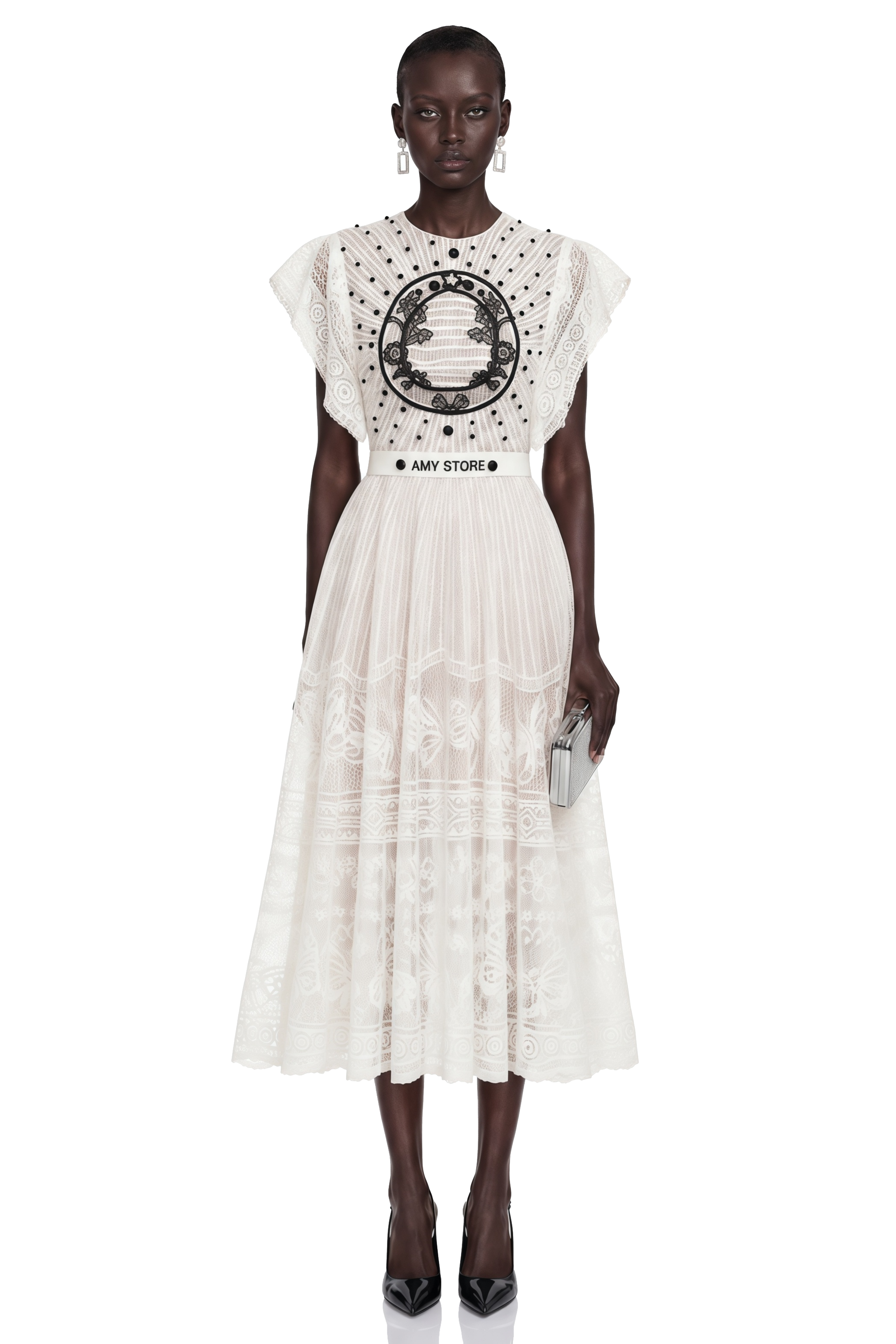 Phoebe White Jacquard Floral-lace Pleated Midi Dress