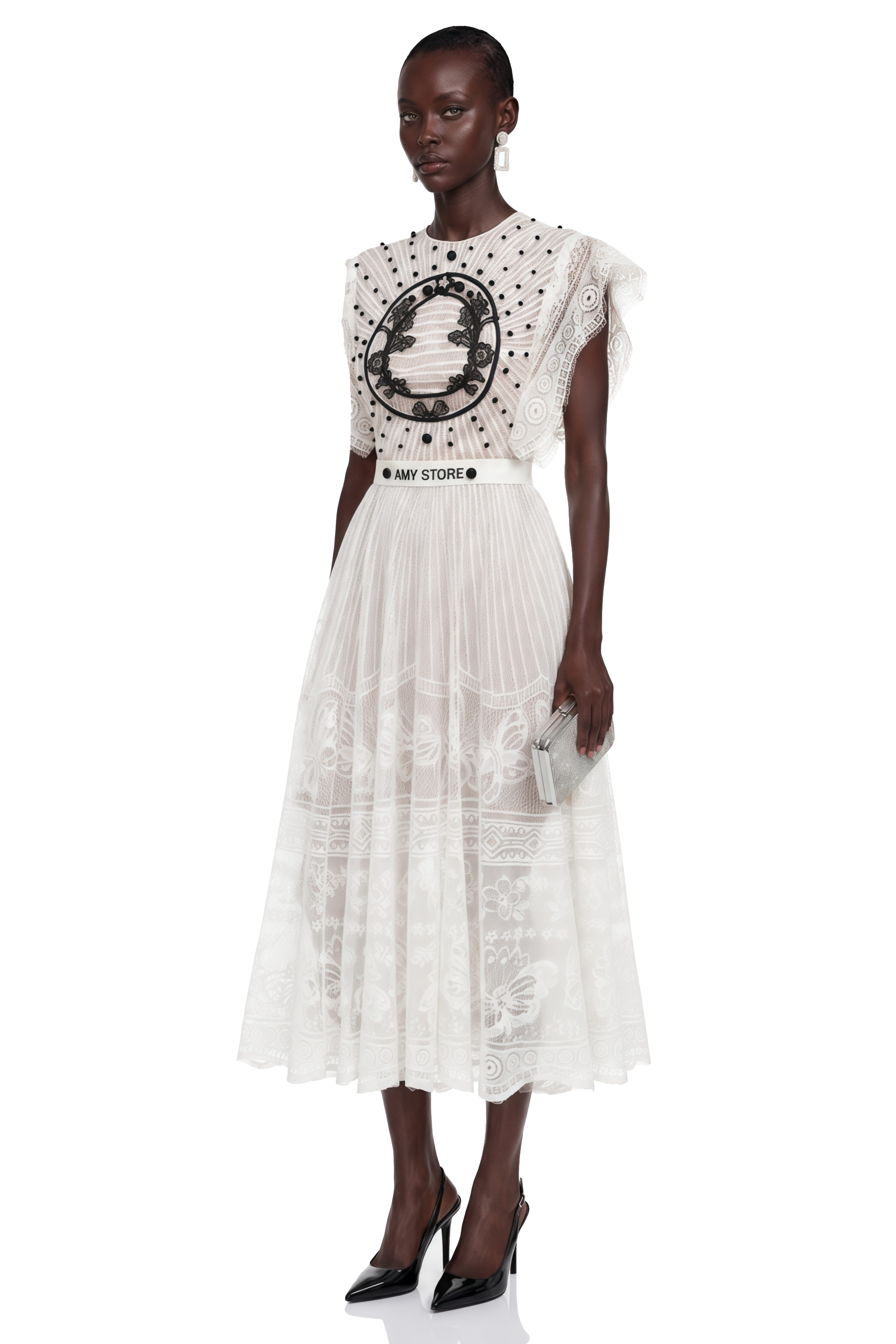 Phoebe White Jacquard Floral-lace Pleated Midi Dress