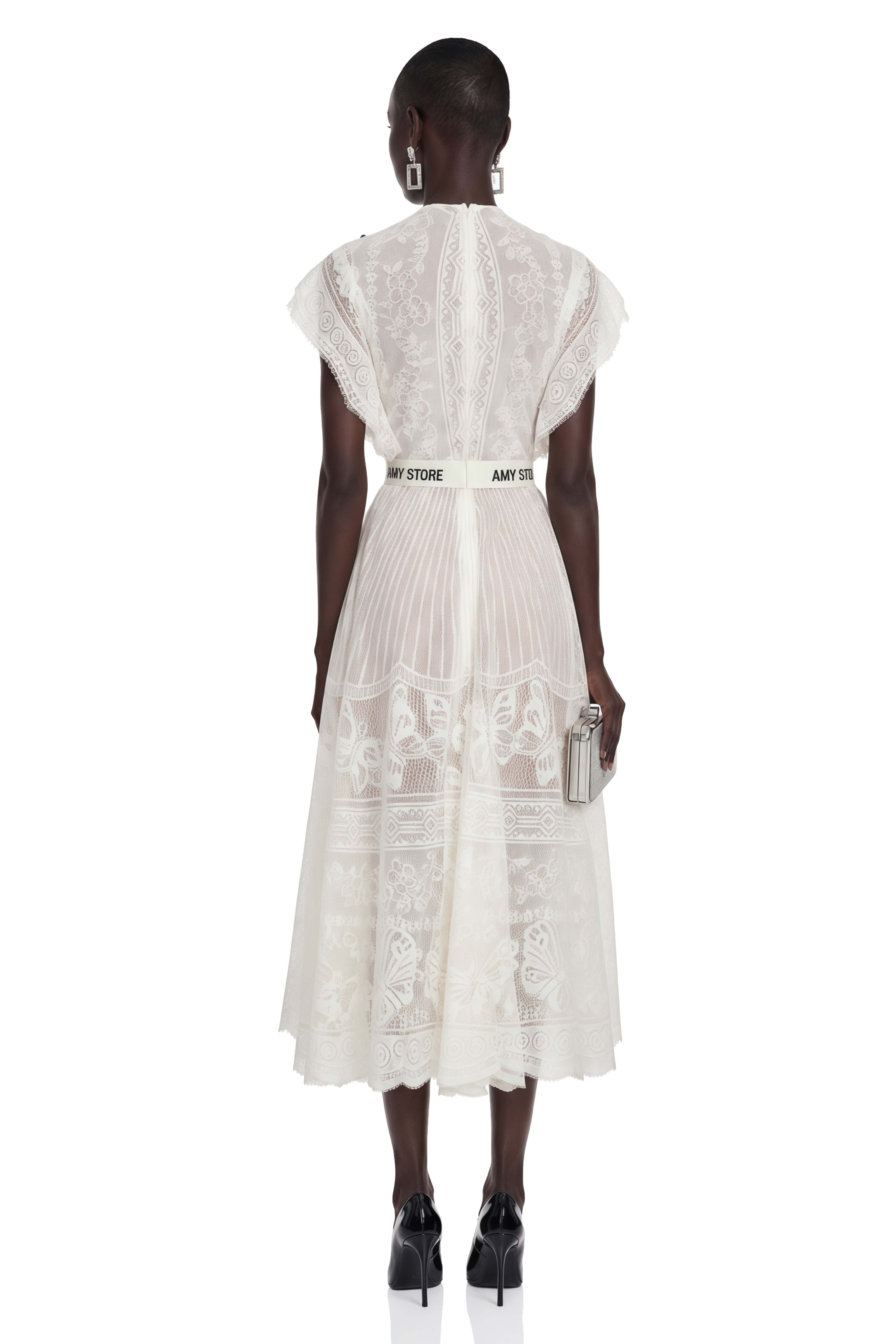 Phoebe White Jacquard Floral-lace Pleated Midi Dress