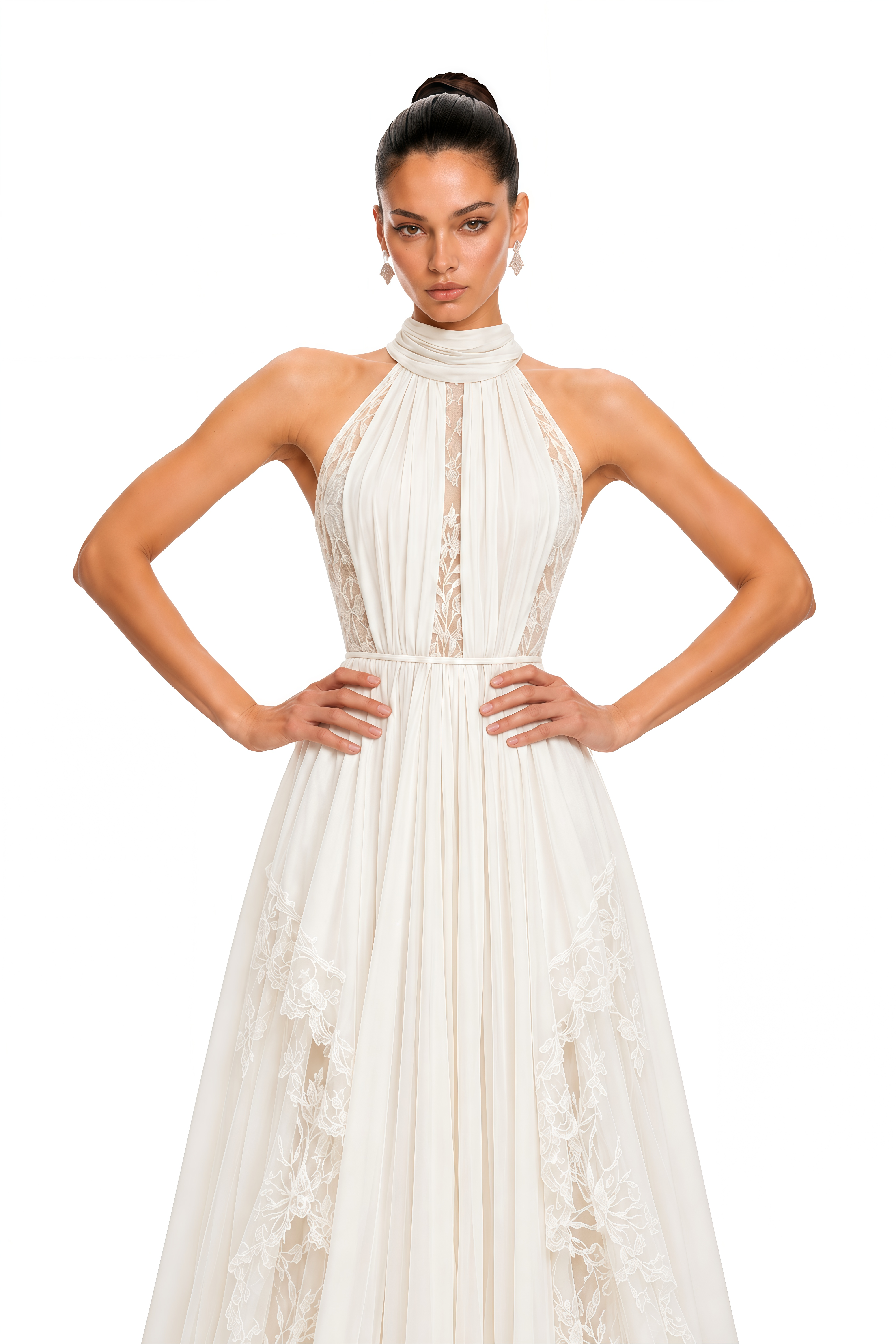 Phoebe White Pleated Lace Maxi Dress