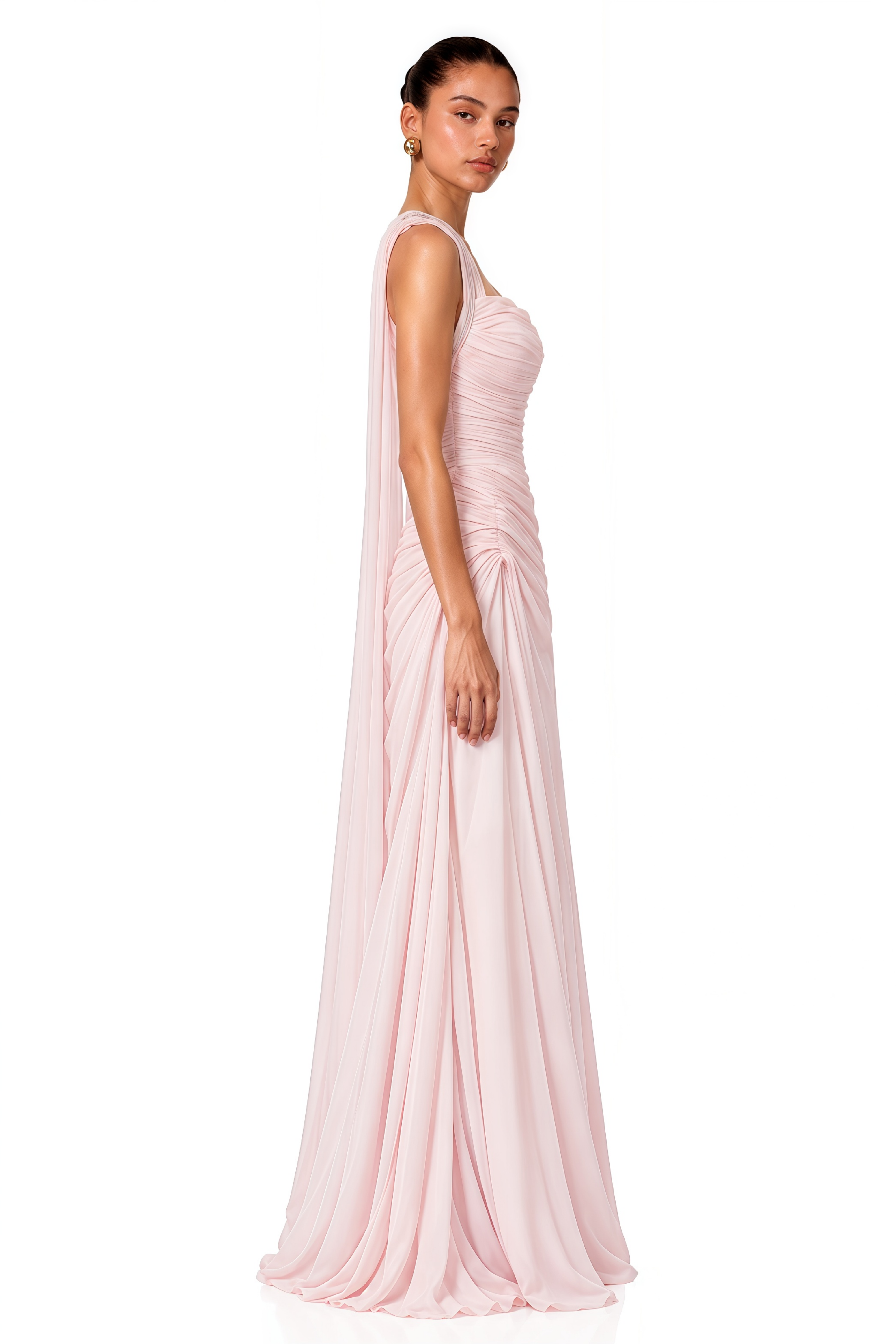 Pollie Pink Off-Shoulder Ruched Draped Maxi Dress