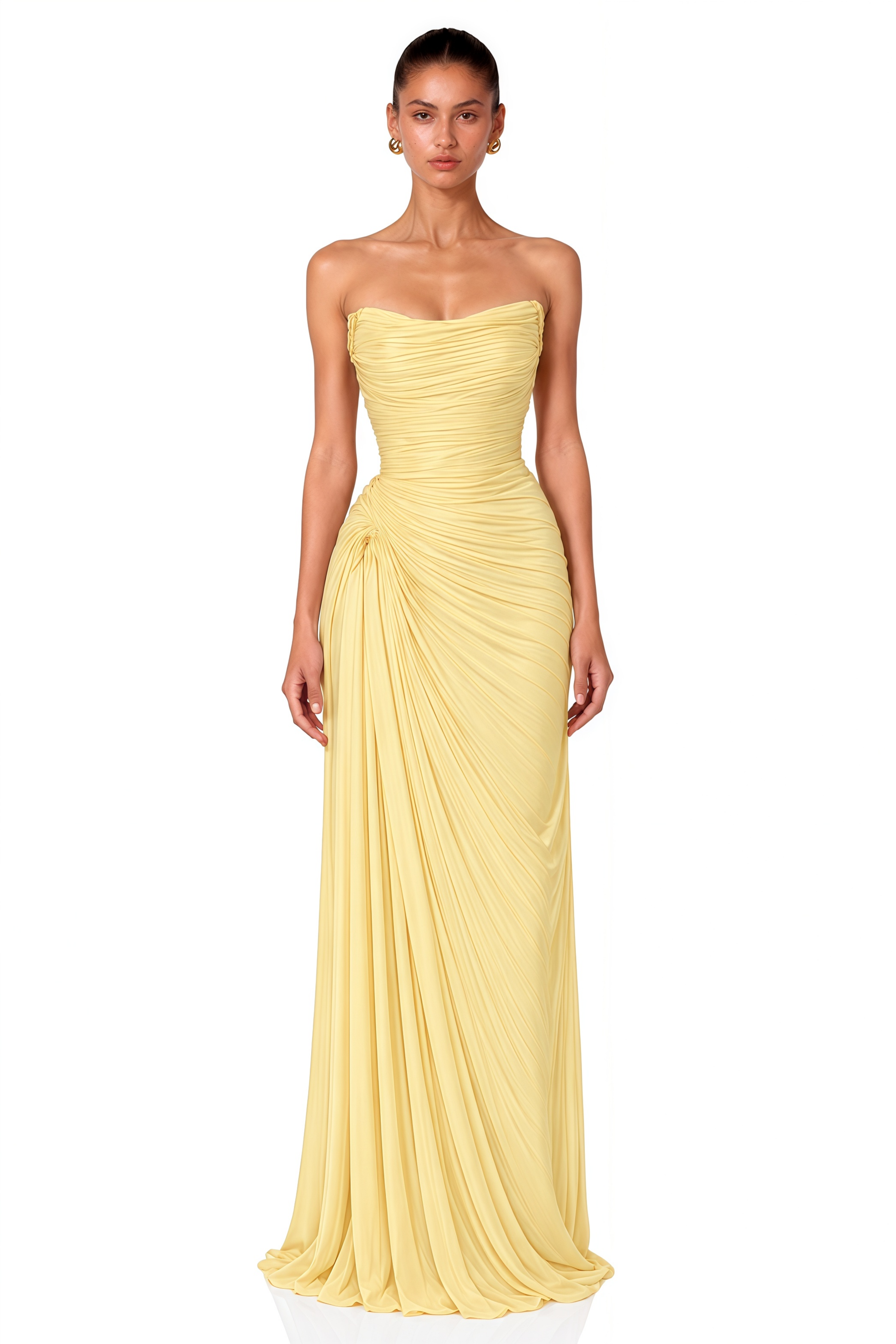 Pollie Yellow Off-Shoulder Ruched Draped Maxi Dress