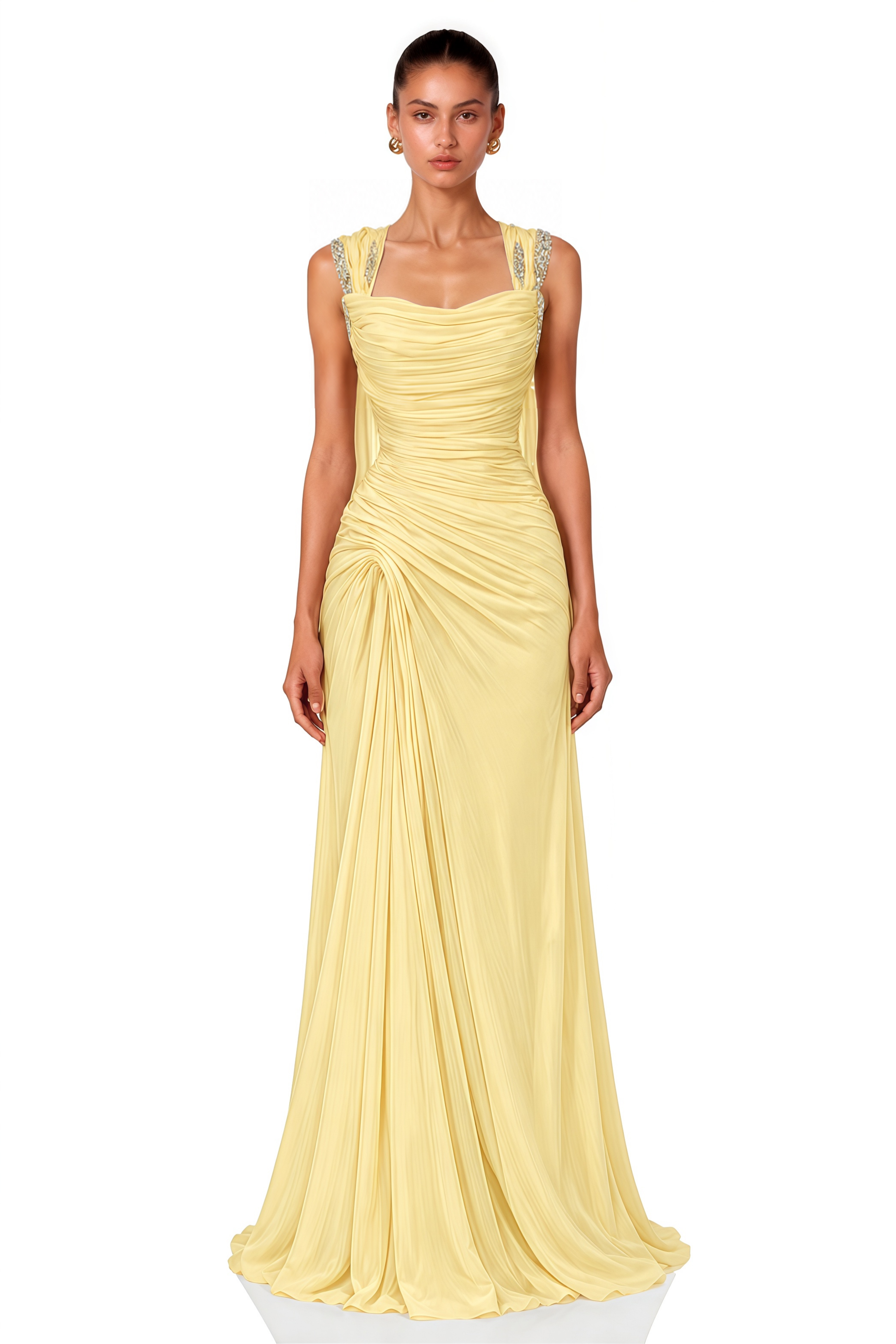 Pollie Yellow Off-Shoulder Ruched Draped Maxi Dress
