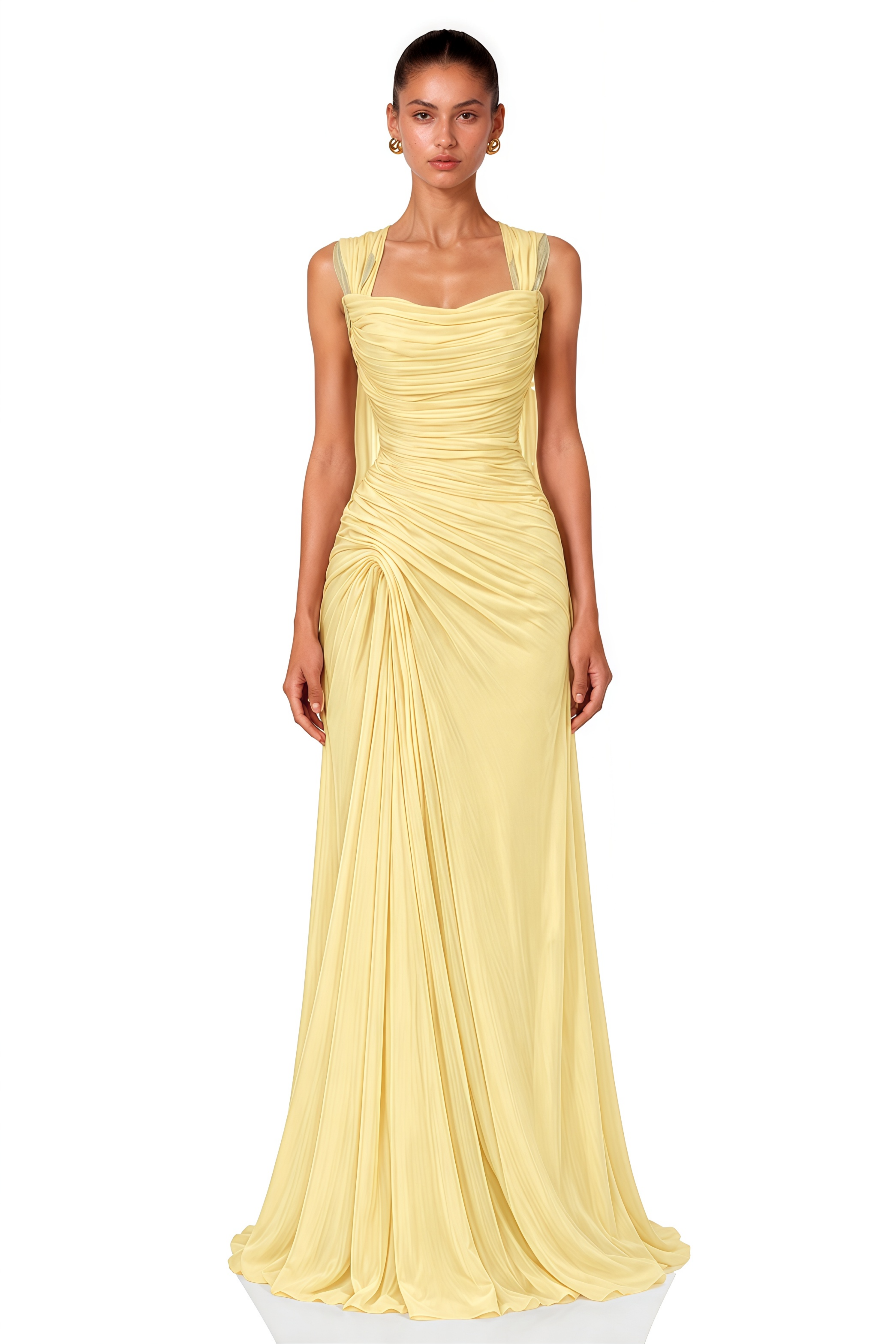 Pollie Yellow Off-Shoulder Ruched Draped Maxi Dress