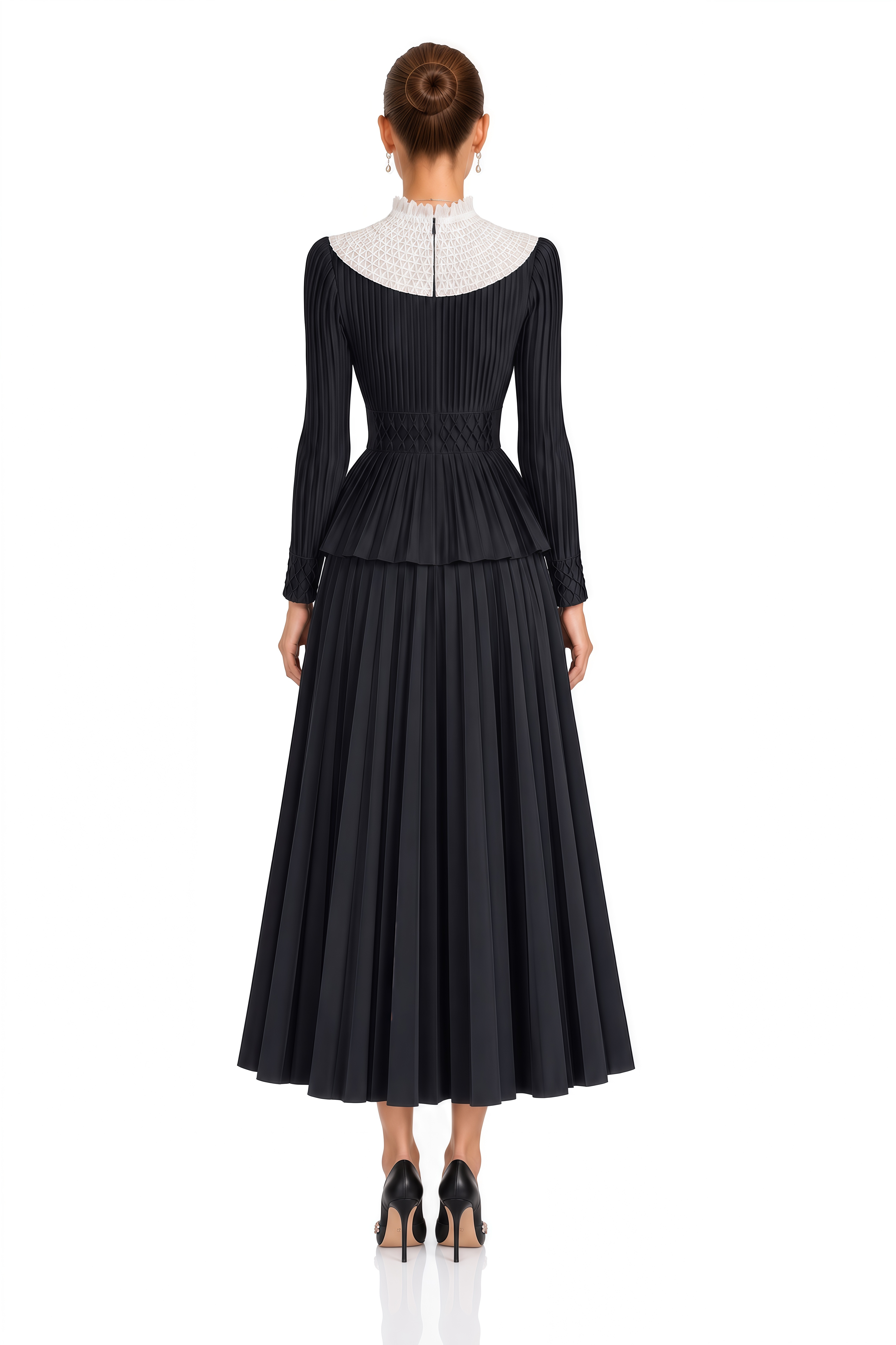 Prairie Black Contrast Collar Pleated Blouse & Skirt Set