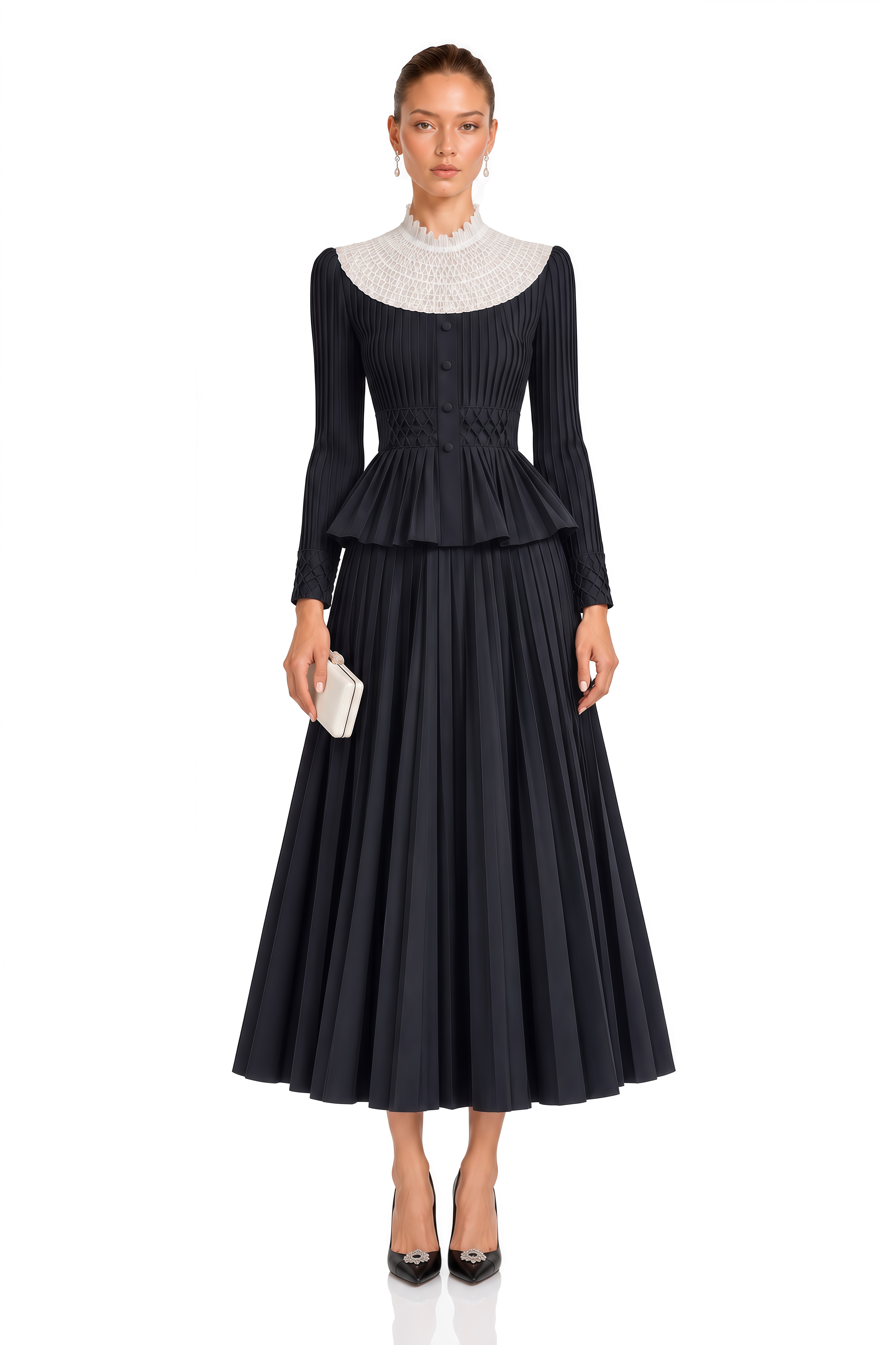 Prairie Black Contrast Collar Pleated Blouse & Skirt Set