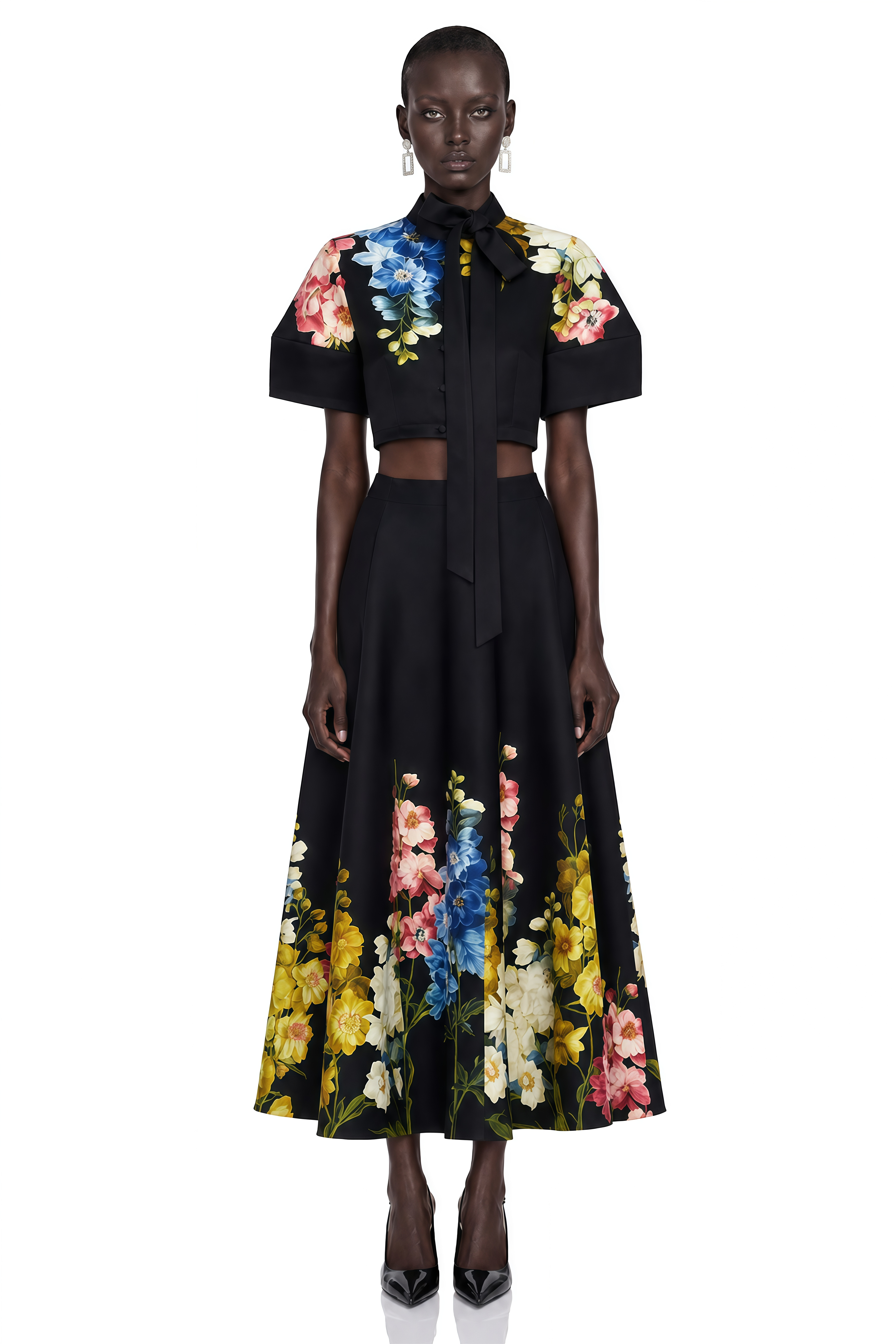 Primrose Black Floral Bow Neck Top & Midi Skirt Set