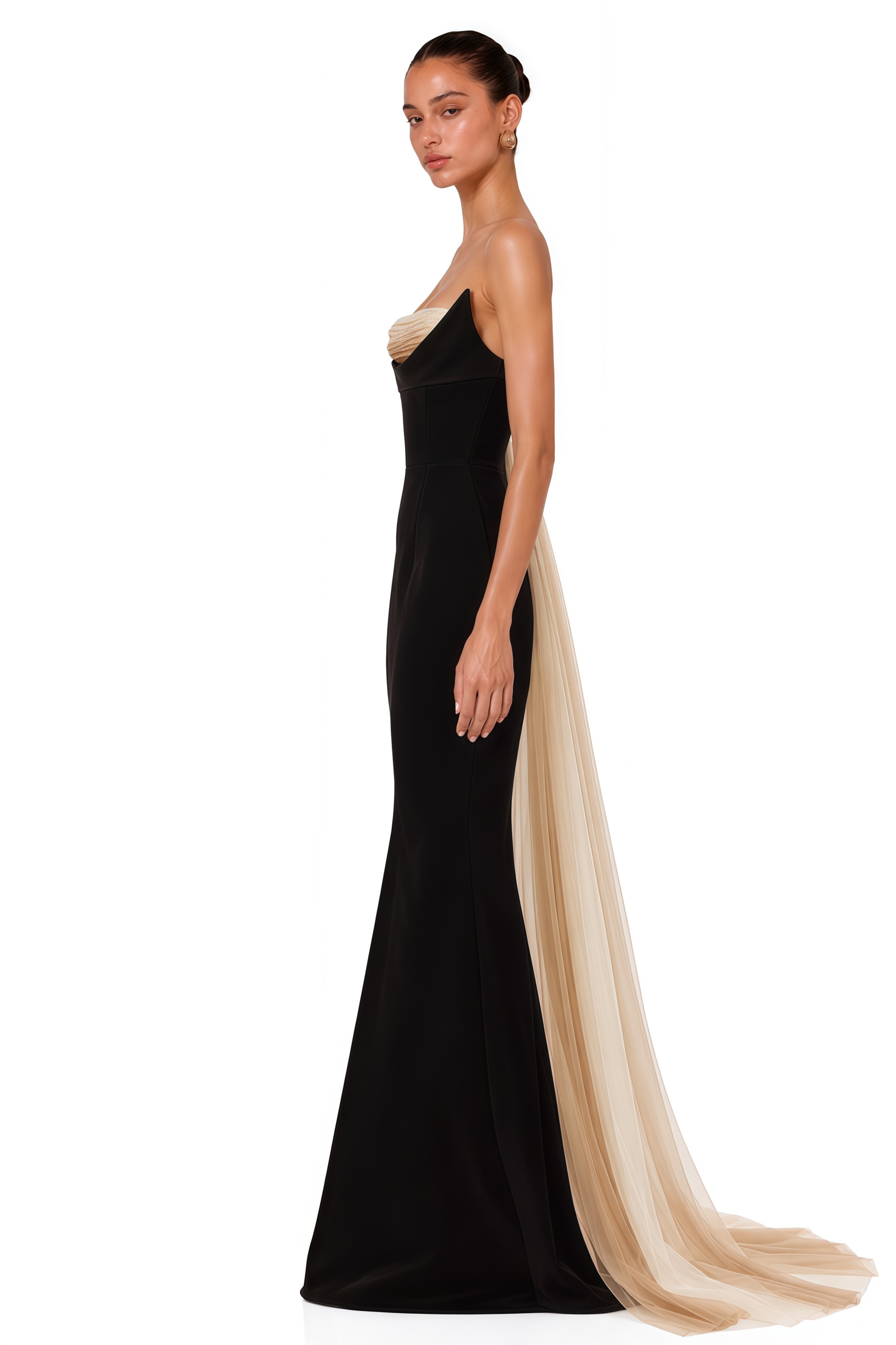 Primrose Black Sculptural Strapless Maxi Gown with Tulle Train