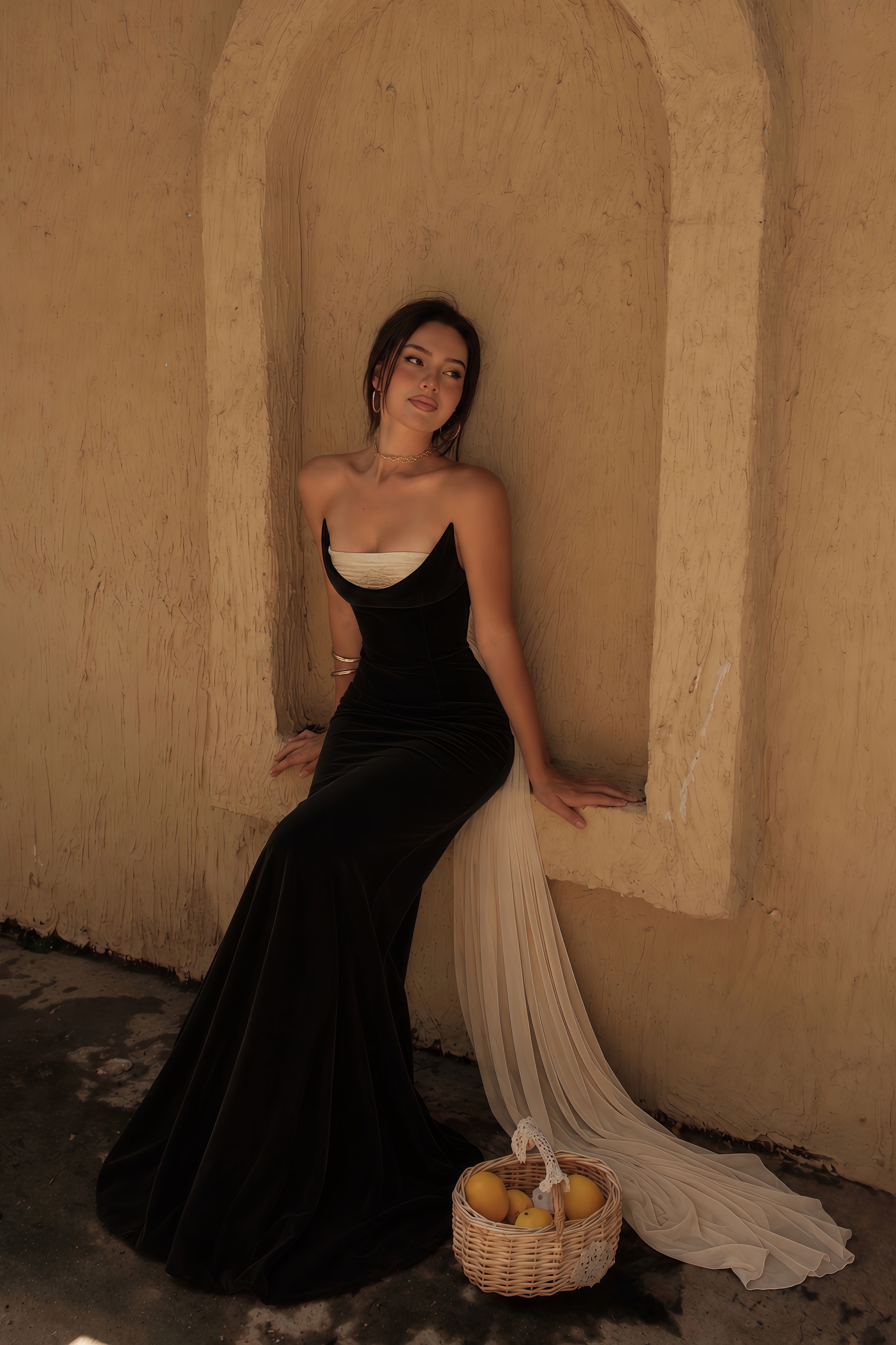 Primrose Black Sculptural Strapless Maxi Gown with Tulle Train