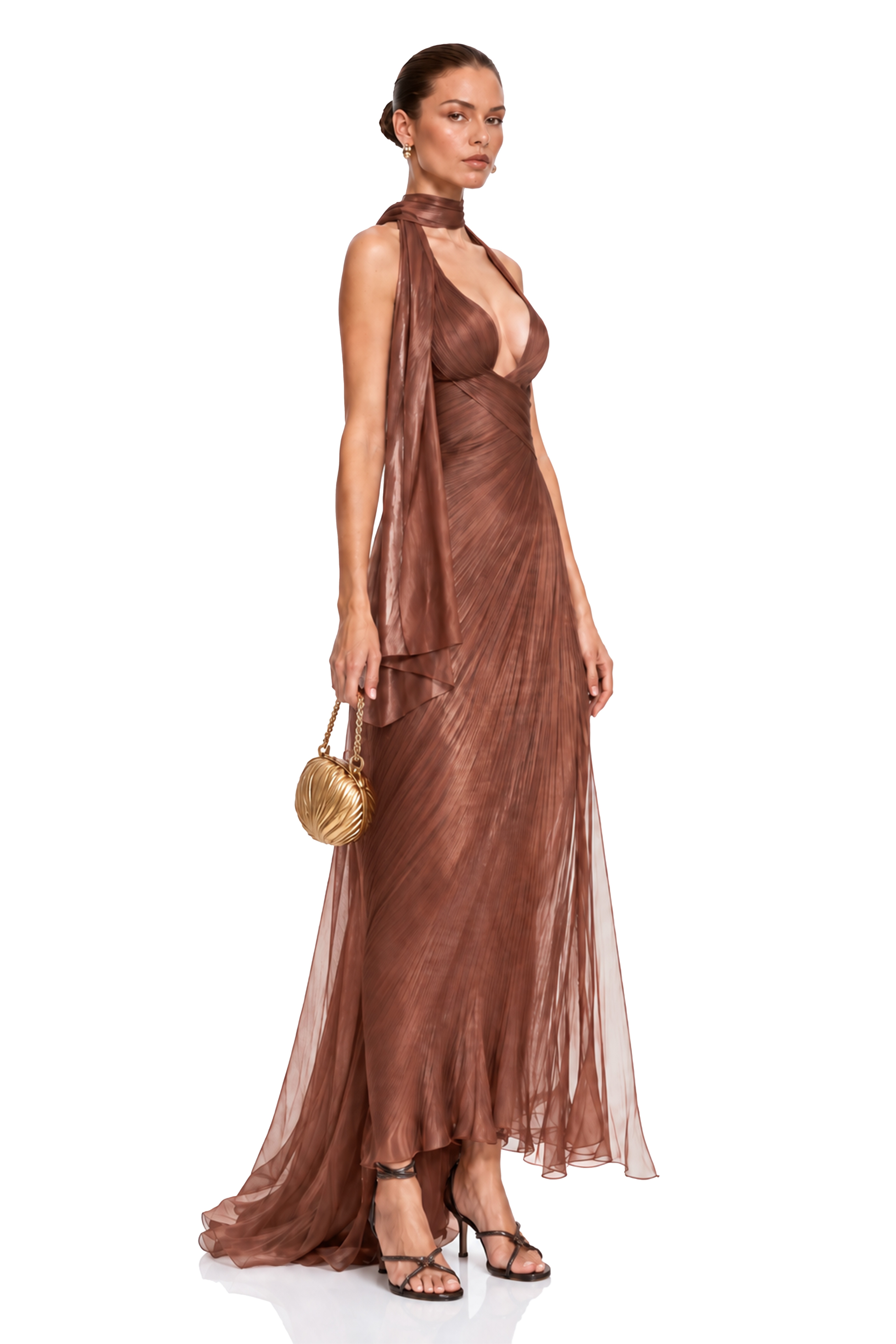 Priscilla Bronze Pleated Halter Plunge Maxi Dress