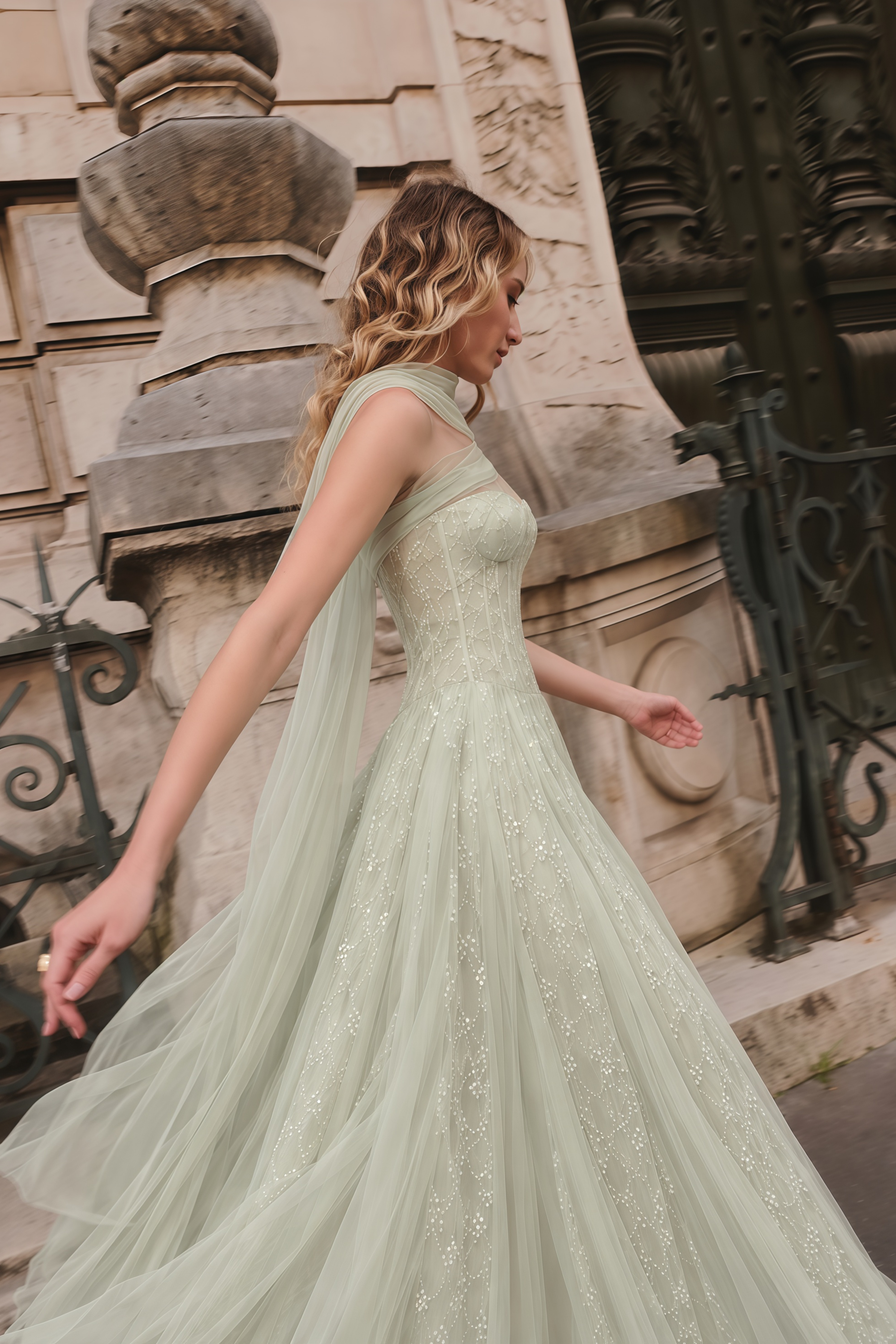 Priscilla Sage Green One Shoulder Asymmetrical Maxi Dress