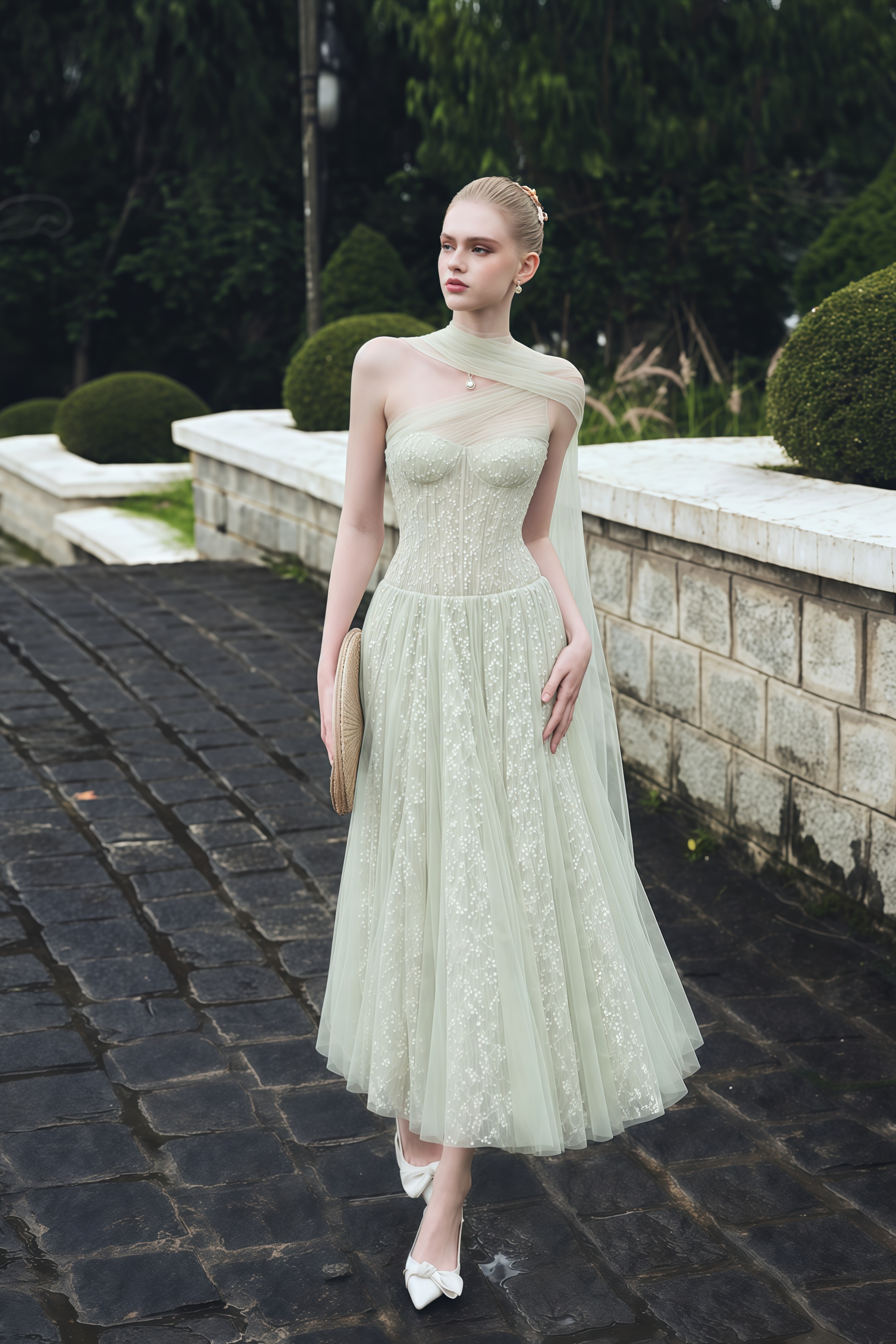 Priscilla Sage Green One Shoulder Asymmetrical Maxi Dress