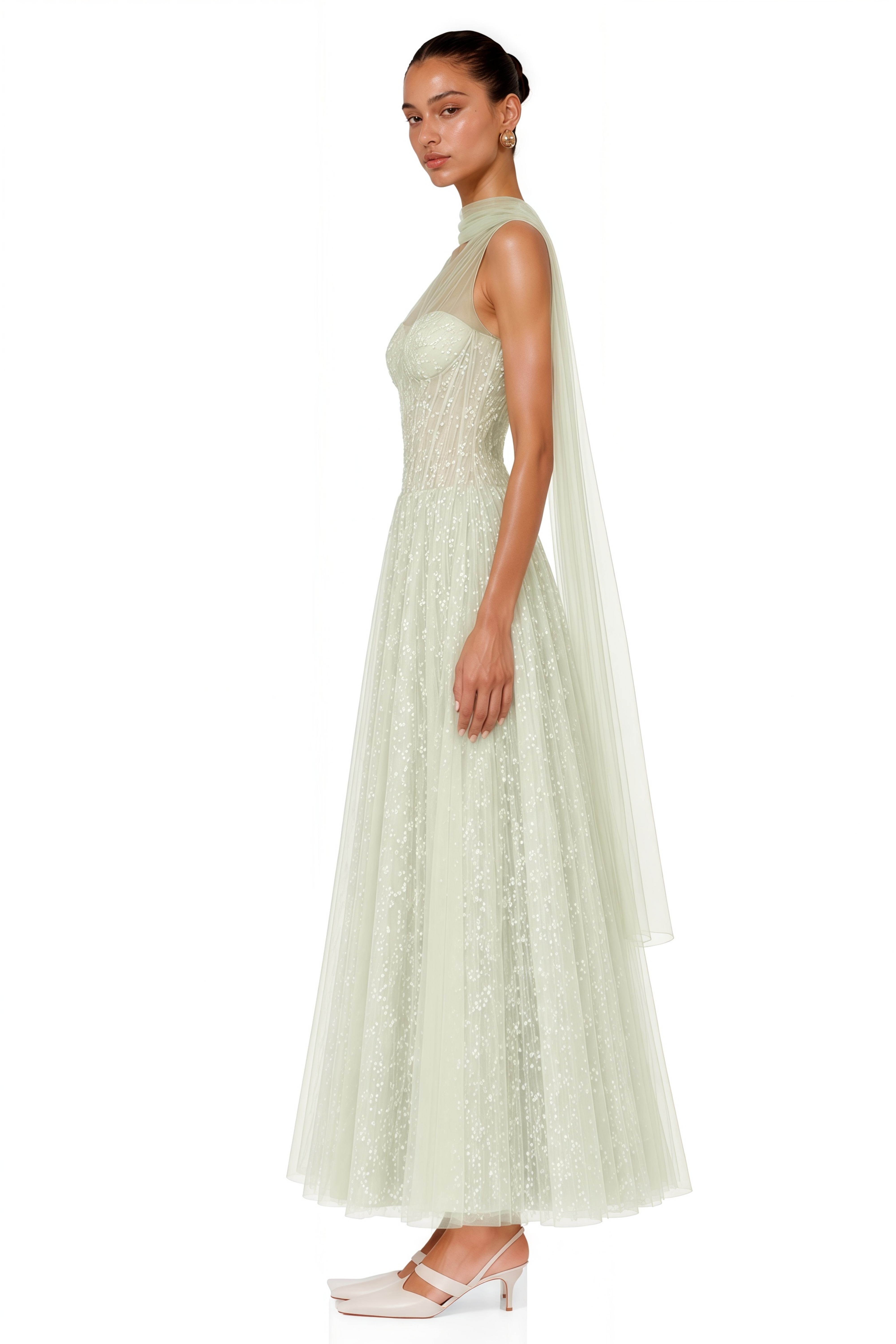 Priscilla Sage Green One Shoulder Asymmetrical Maxi Dress