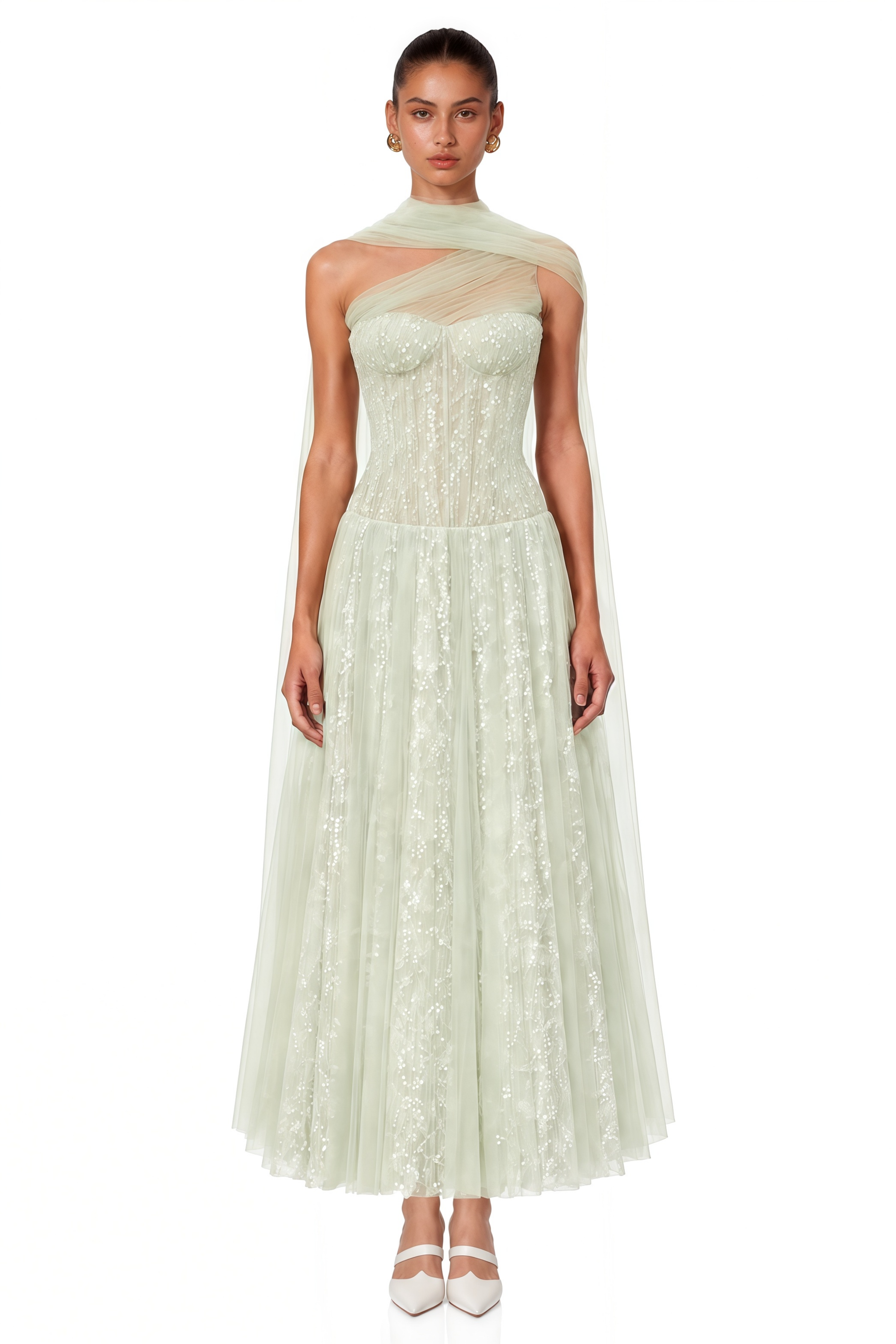 Priscilla Sage Green One Shoulder Asymmetrical Maxi Dress