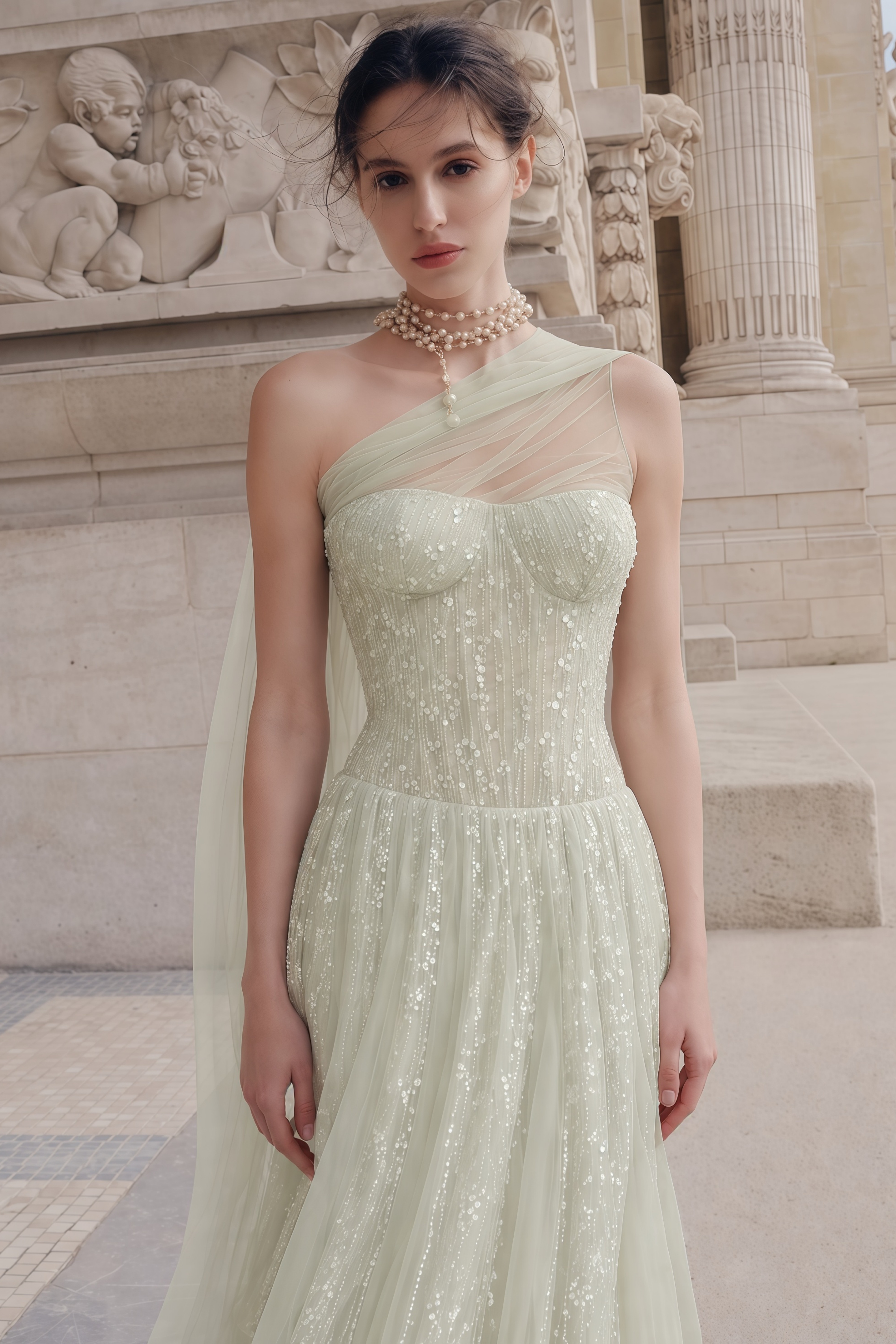 Priscilla Sage Green One Shoulder Asymmetrical Maxi Dress