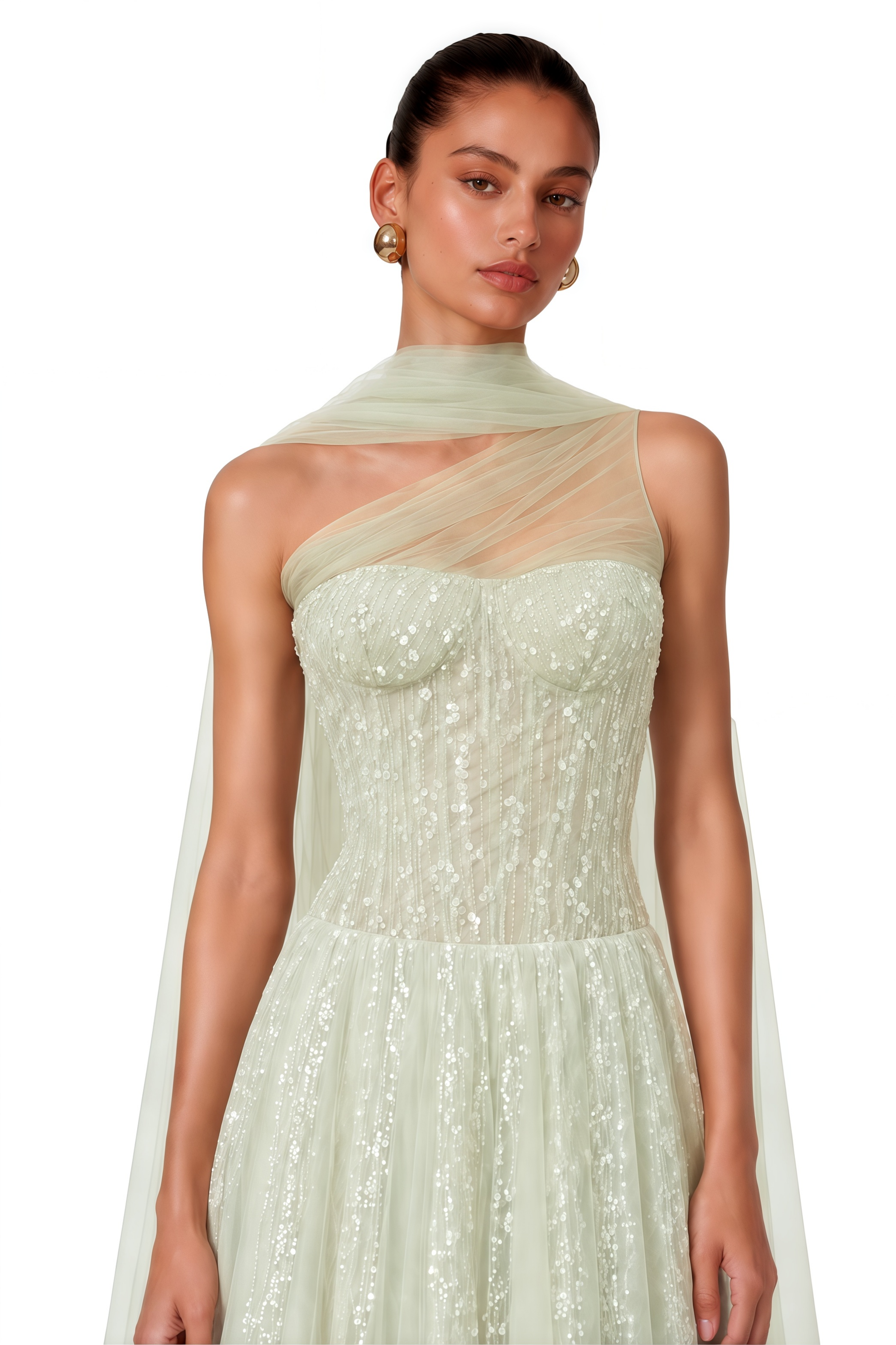 Priscilla Sage Green One Shoulder Asymmetrical Maxi Dress