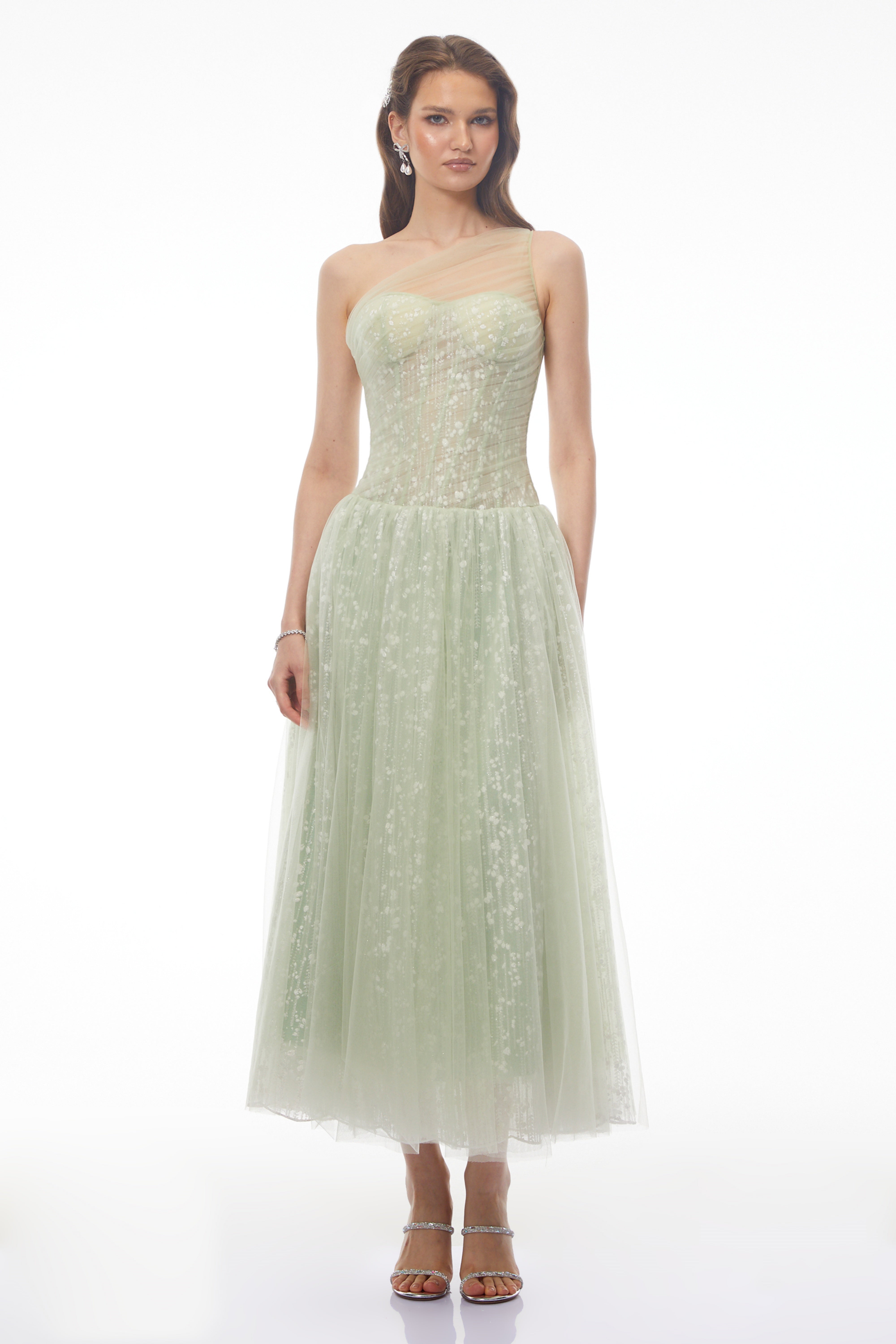 Priscilla Sage Green One Shoulder Asymmetrical Maxi Dress