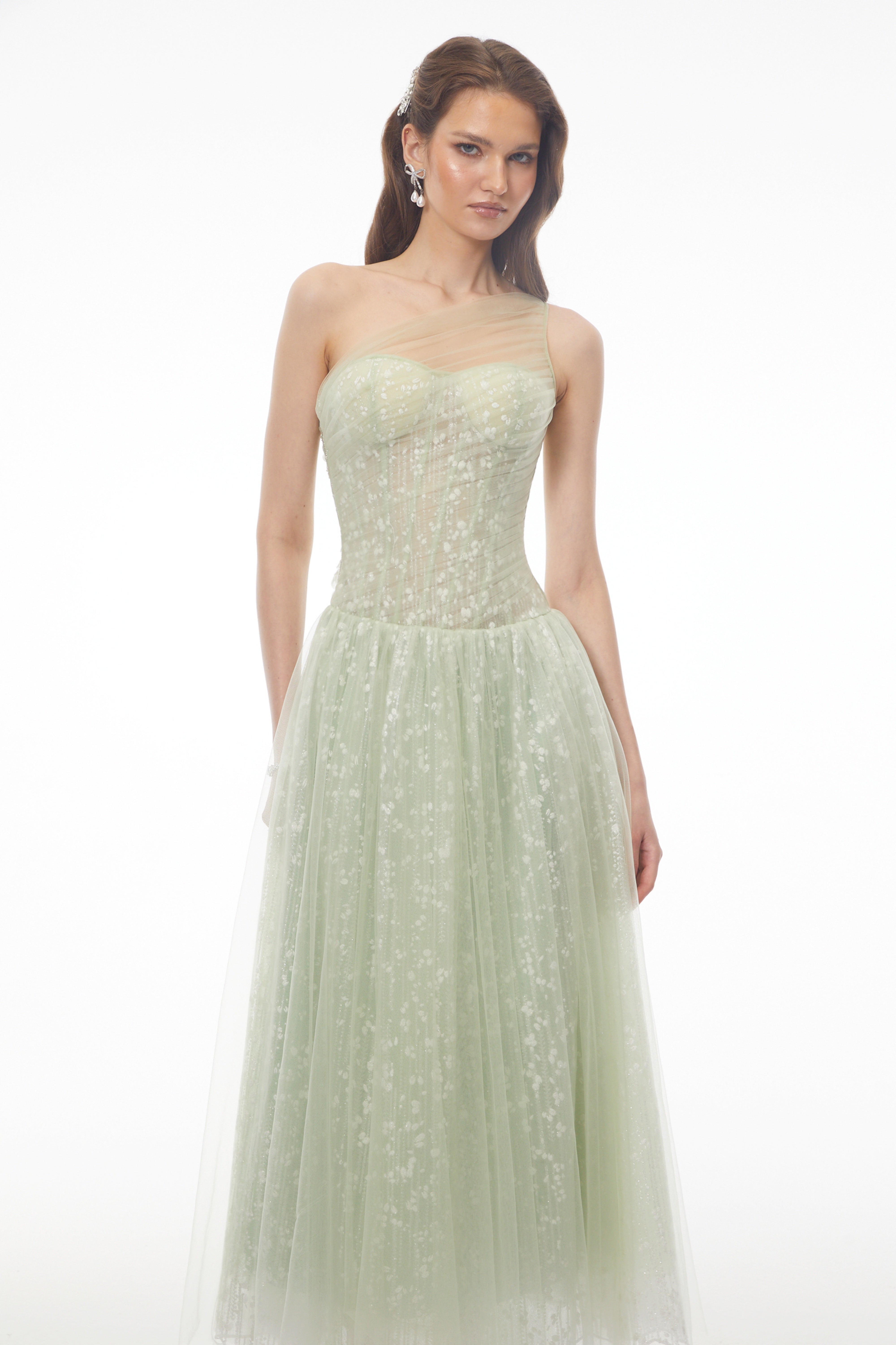 Priscilla Sage Green One Shoulder Asymmetrical Maxi Dress