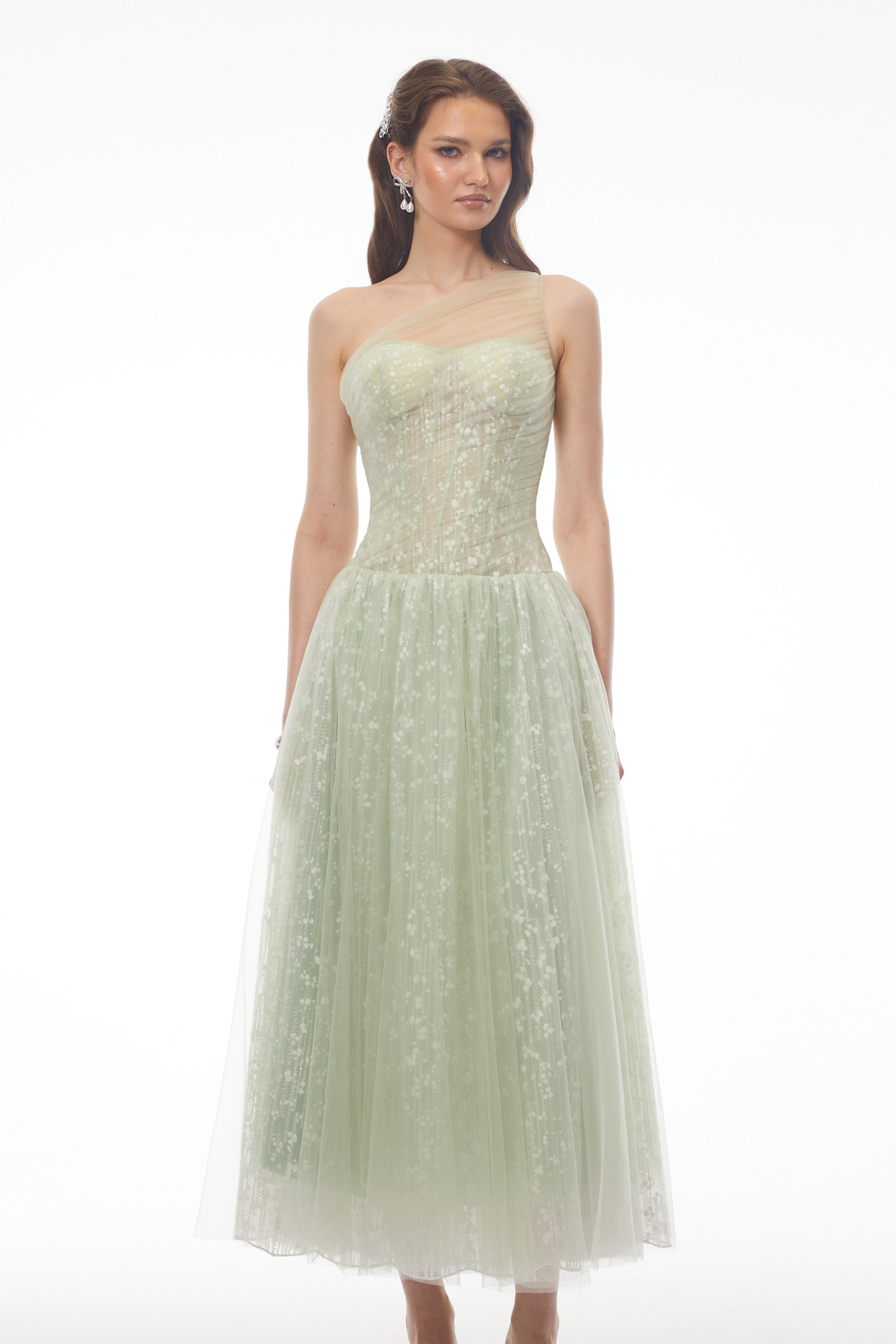 Priscilla Sage Green One Shoulder Asymmetrical Maxi Dress