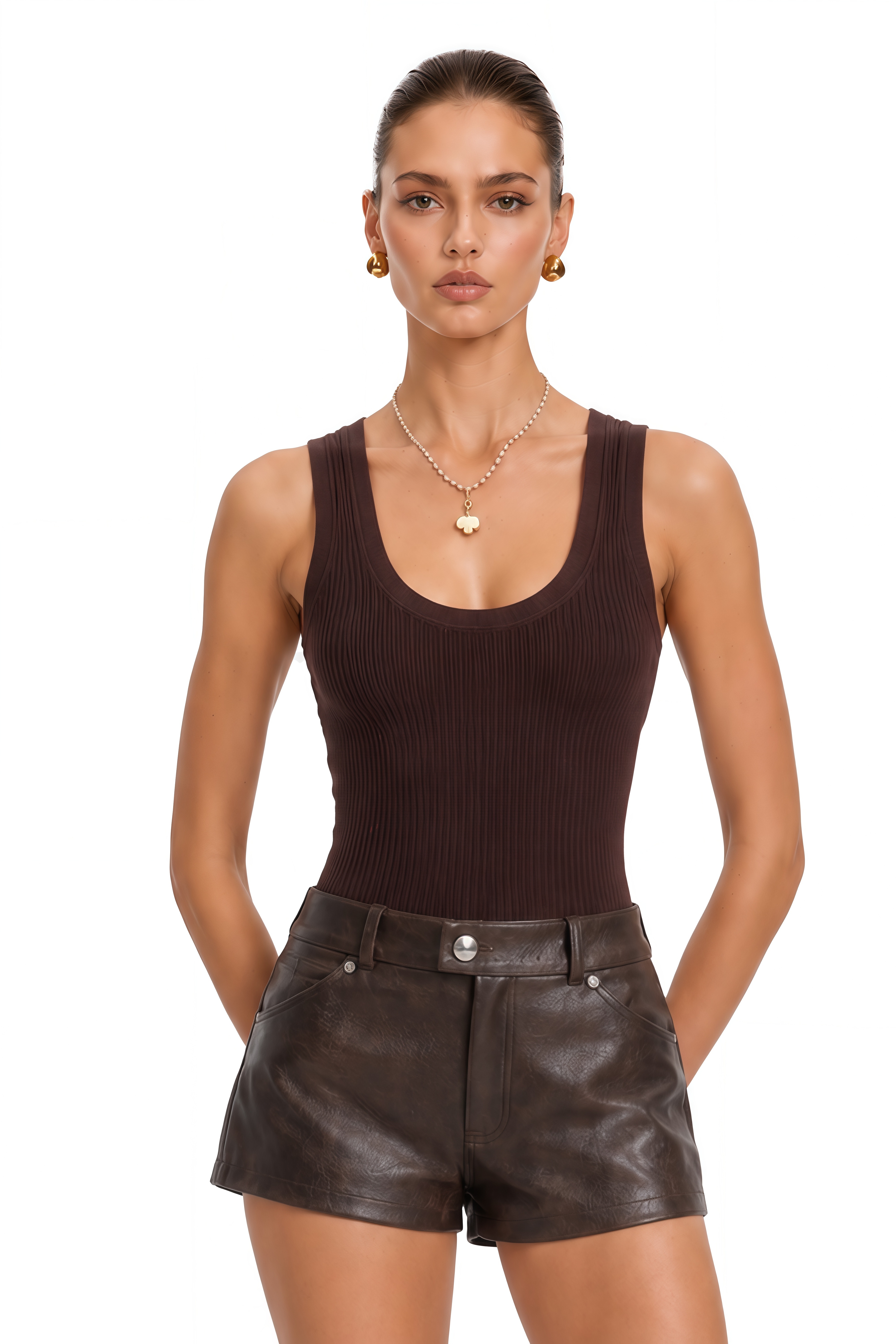 Priscille Brown Leather-Look High Waist Shorts
