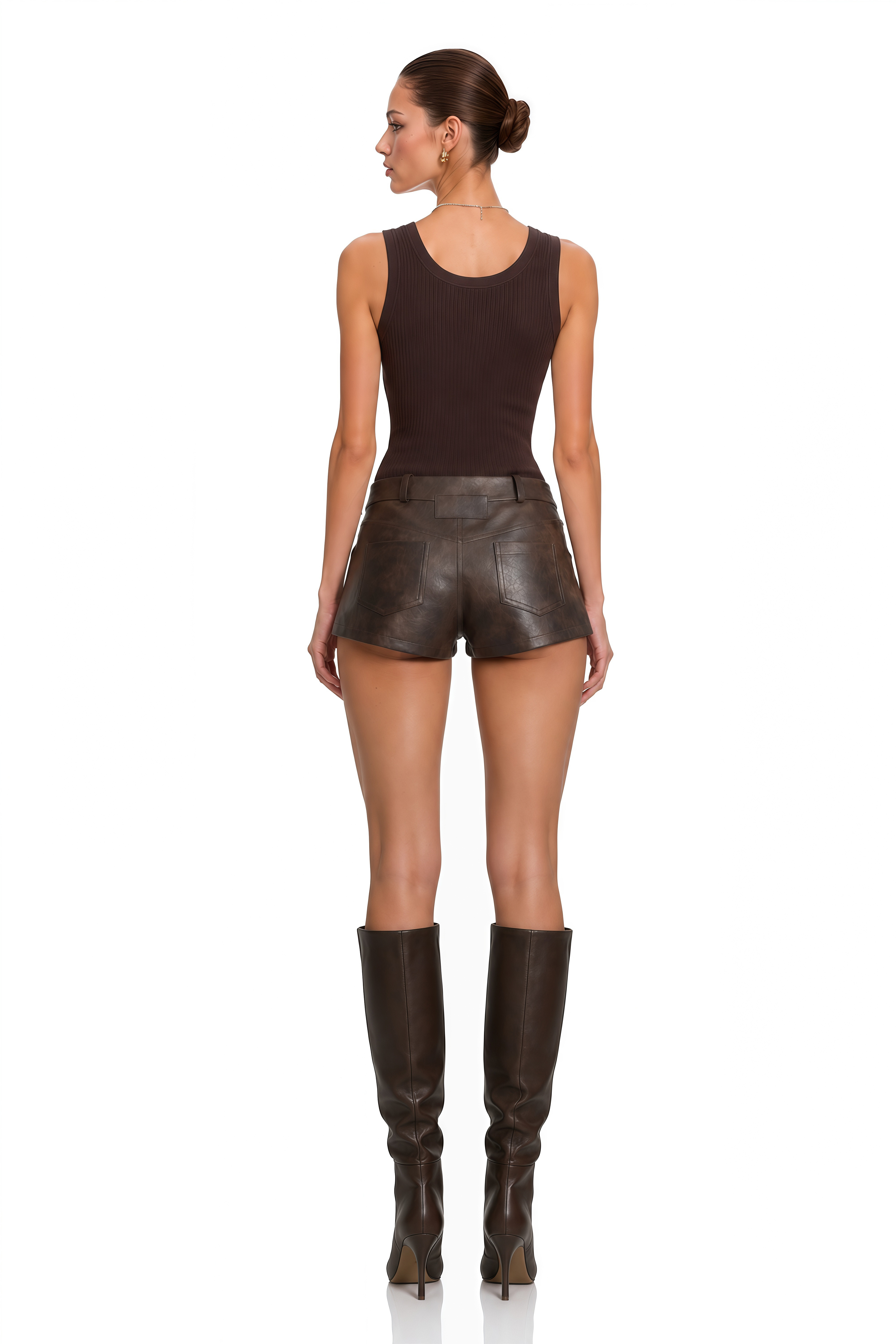 Priscille Brown Leather-Look High Waist Shorts
