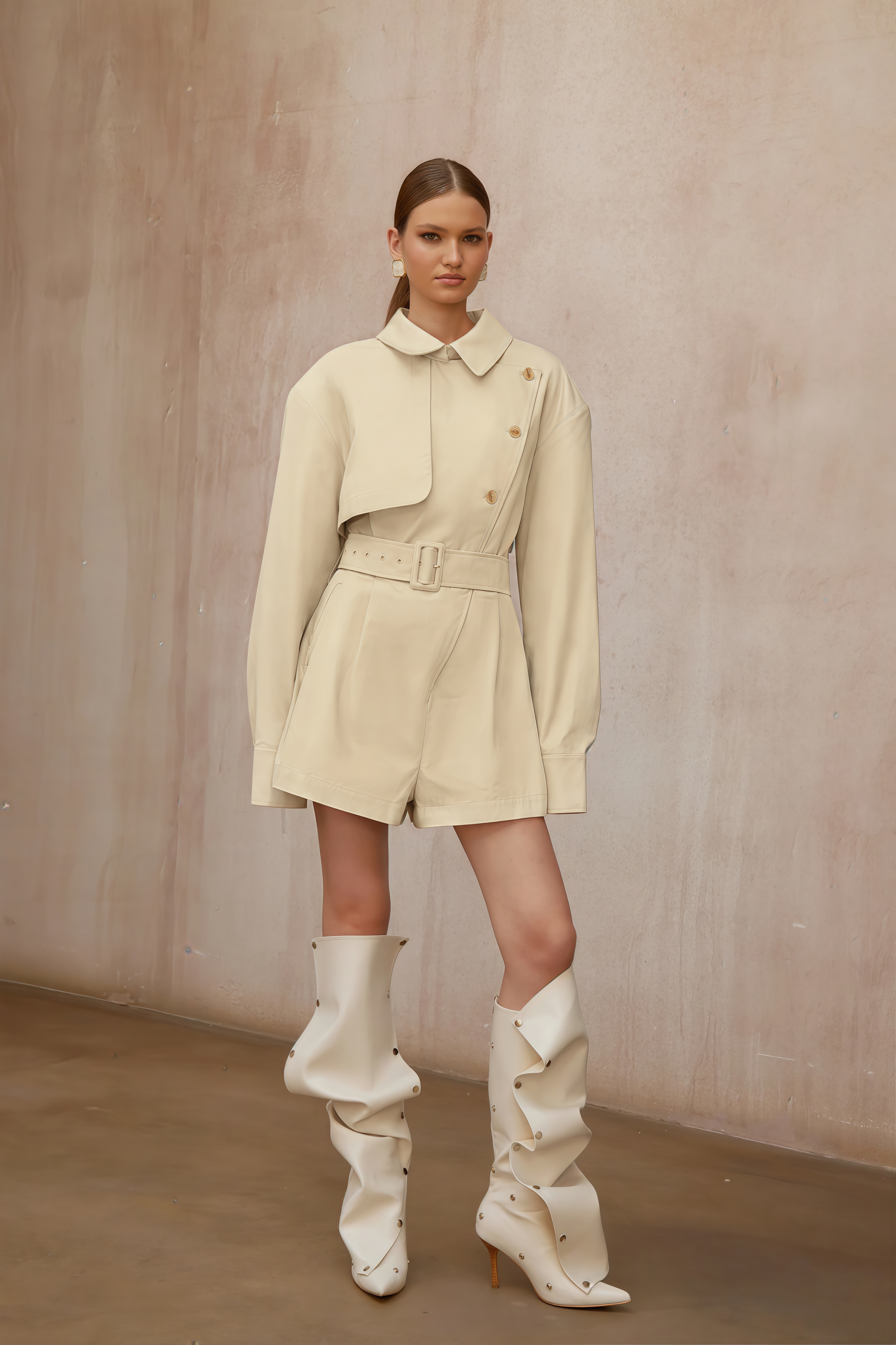 Priscille Khaki Asymmetrical Trench Style Playsuit