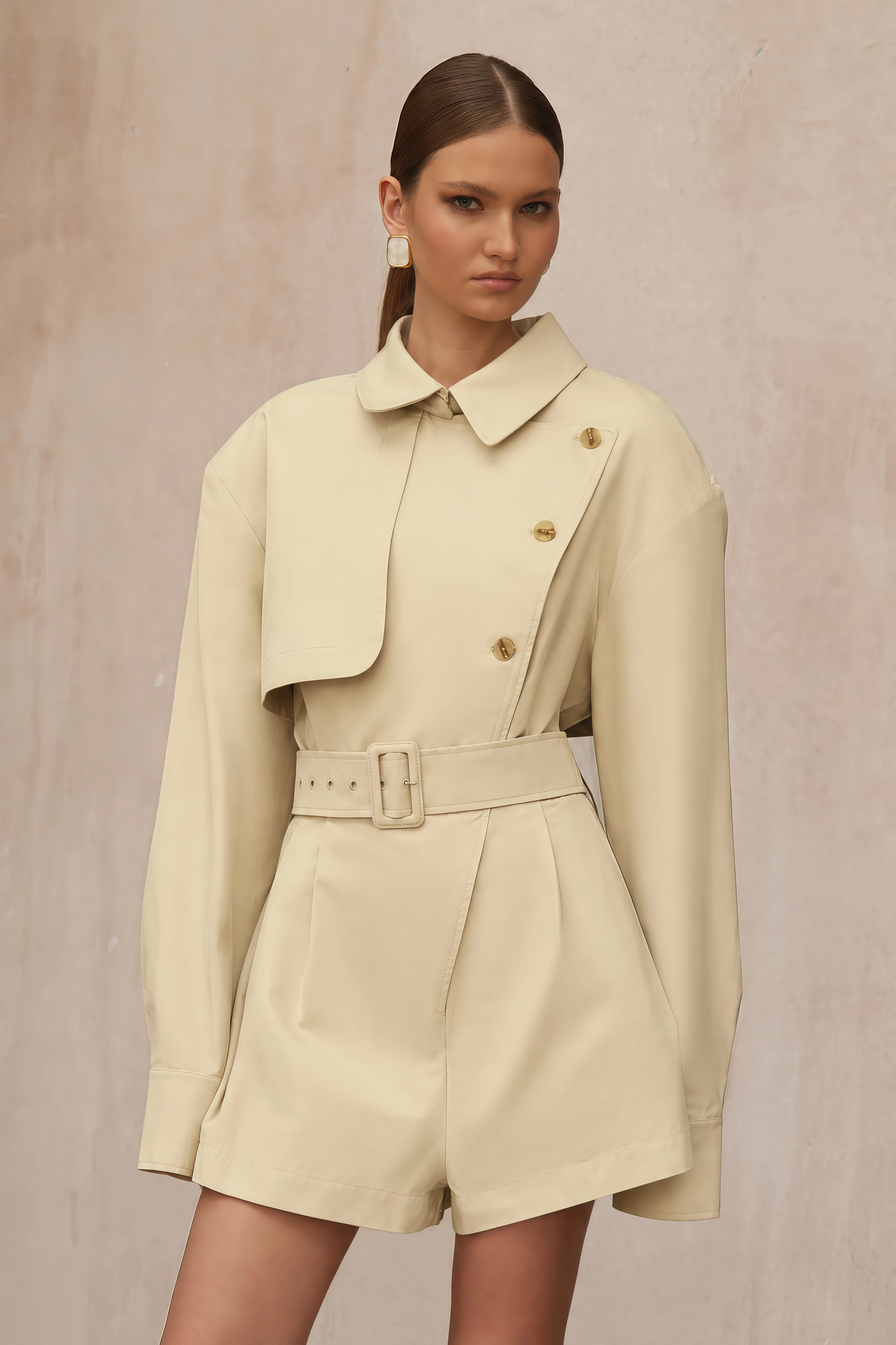 Priscille Khaki Asymmetrical Trench Style Playsuit