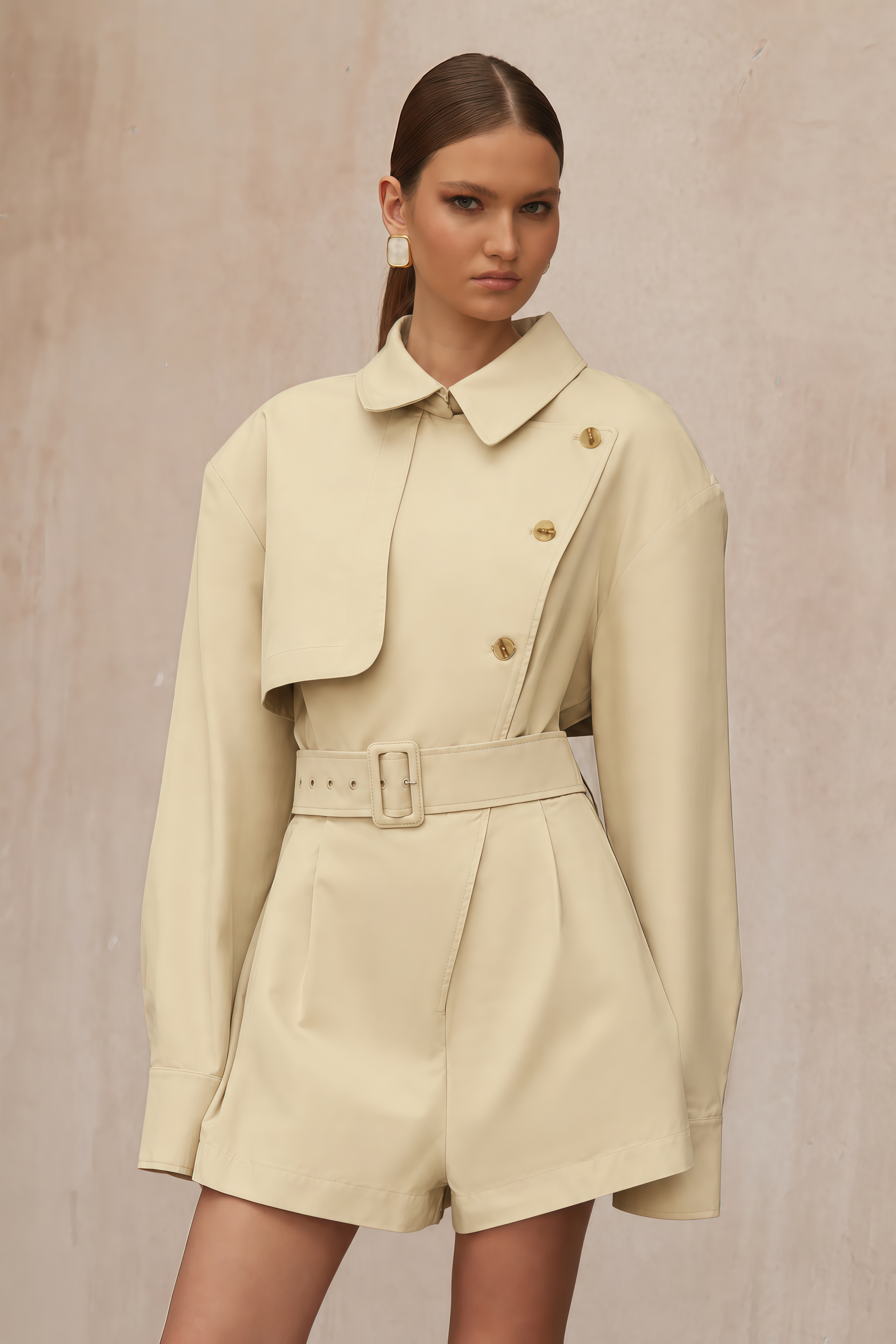Priscille Khaki Asymmetrical Trench Style Playsuit