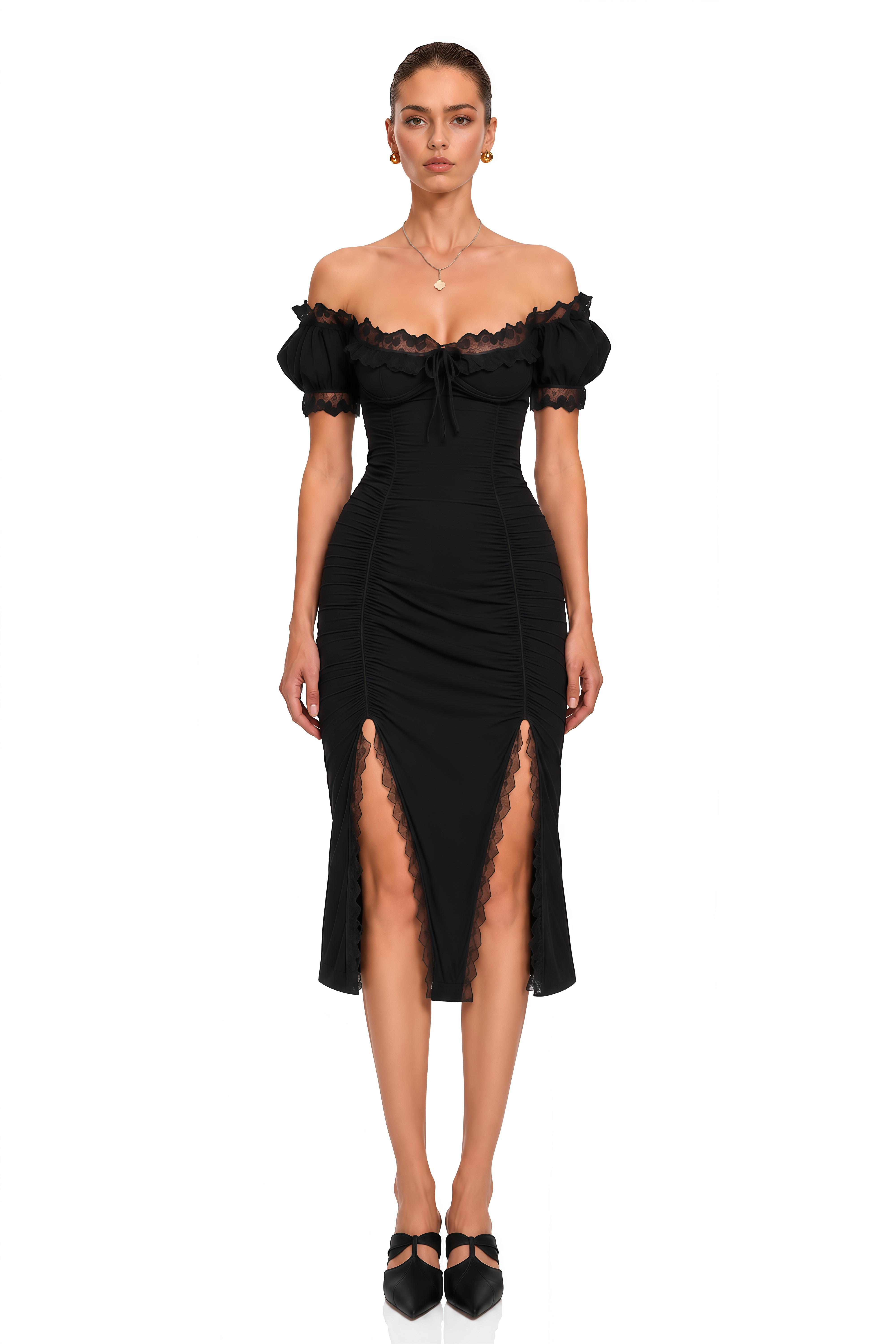 Prisha Black Lace Trim Ruched Off Shoulder Midi Dress