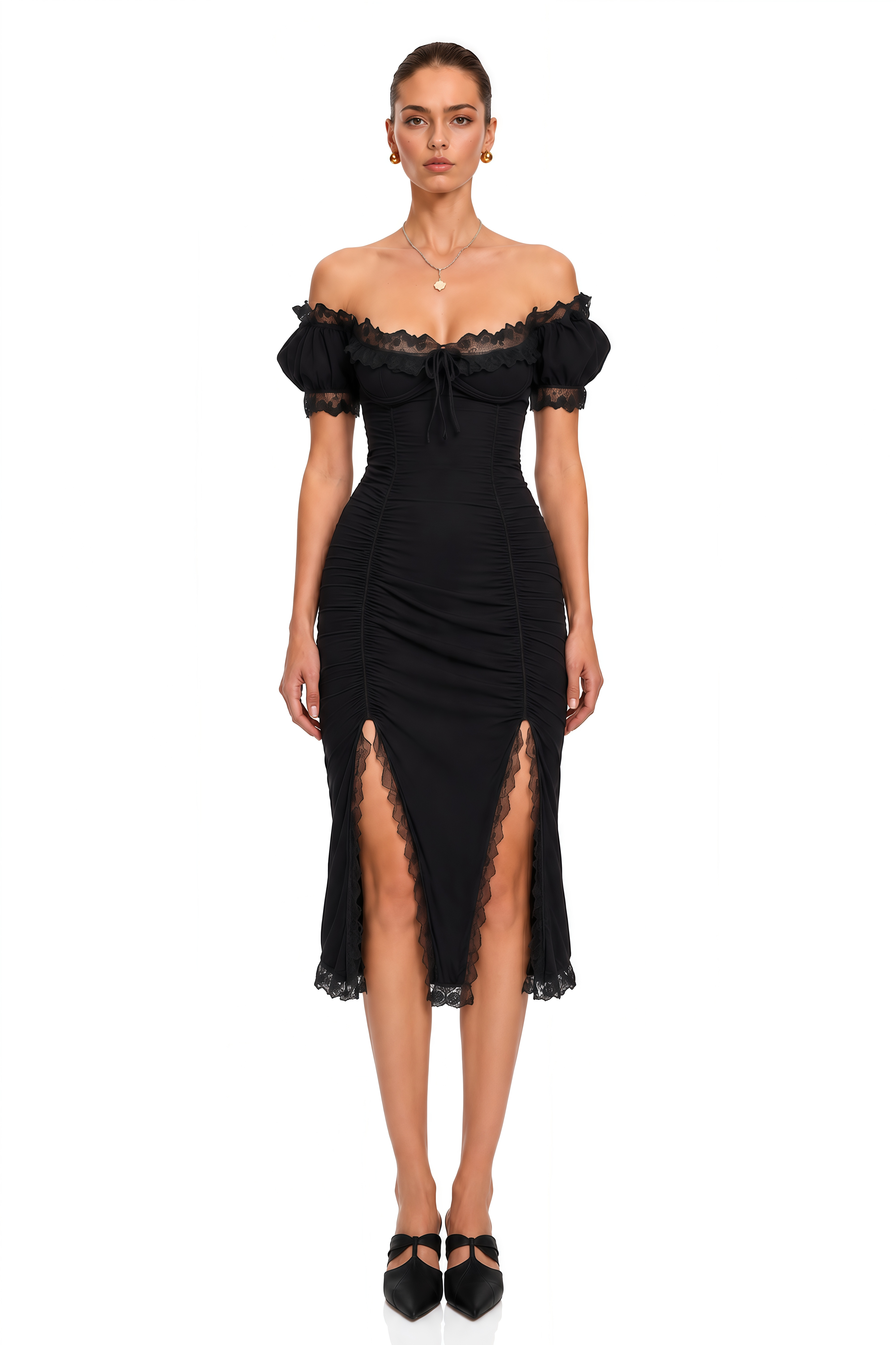 Prisha Black Lace Trim Ruched Off Shoulder Midi Dress
