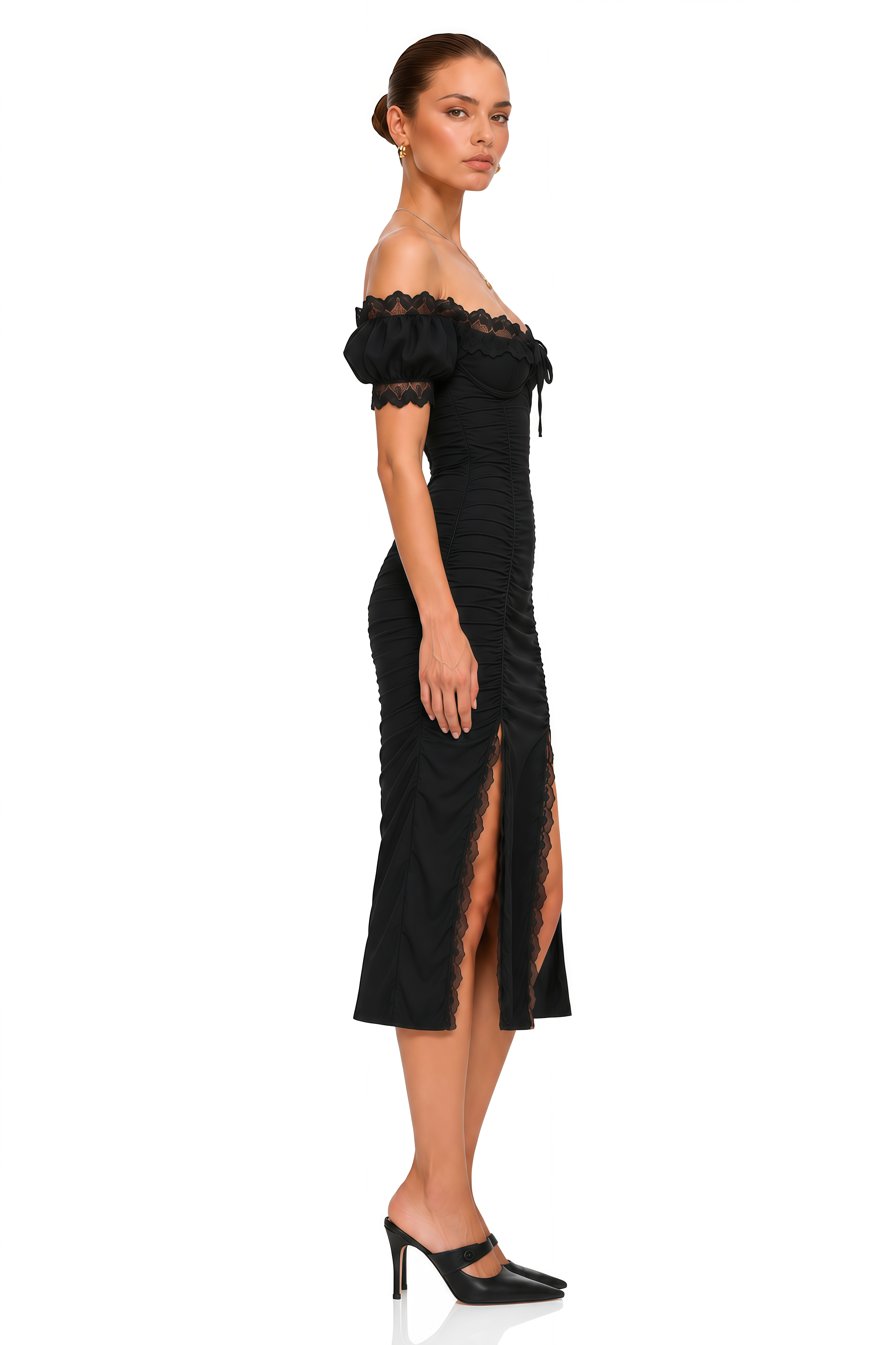 Prisha Black Lace Trim Ruched Off Shoulder Midi Dress