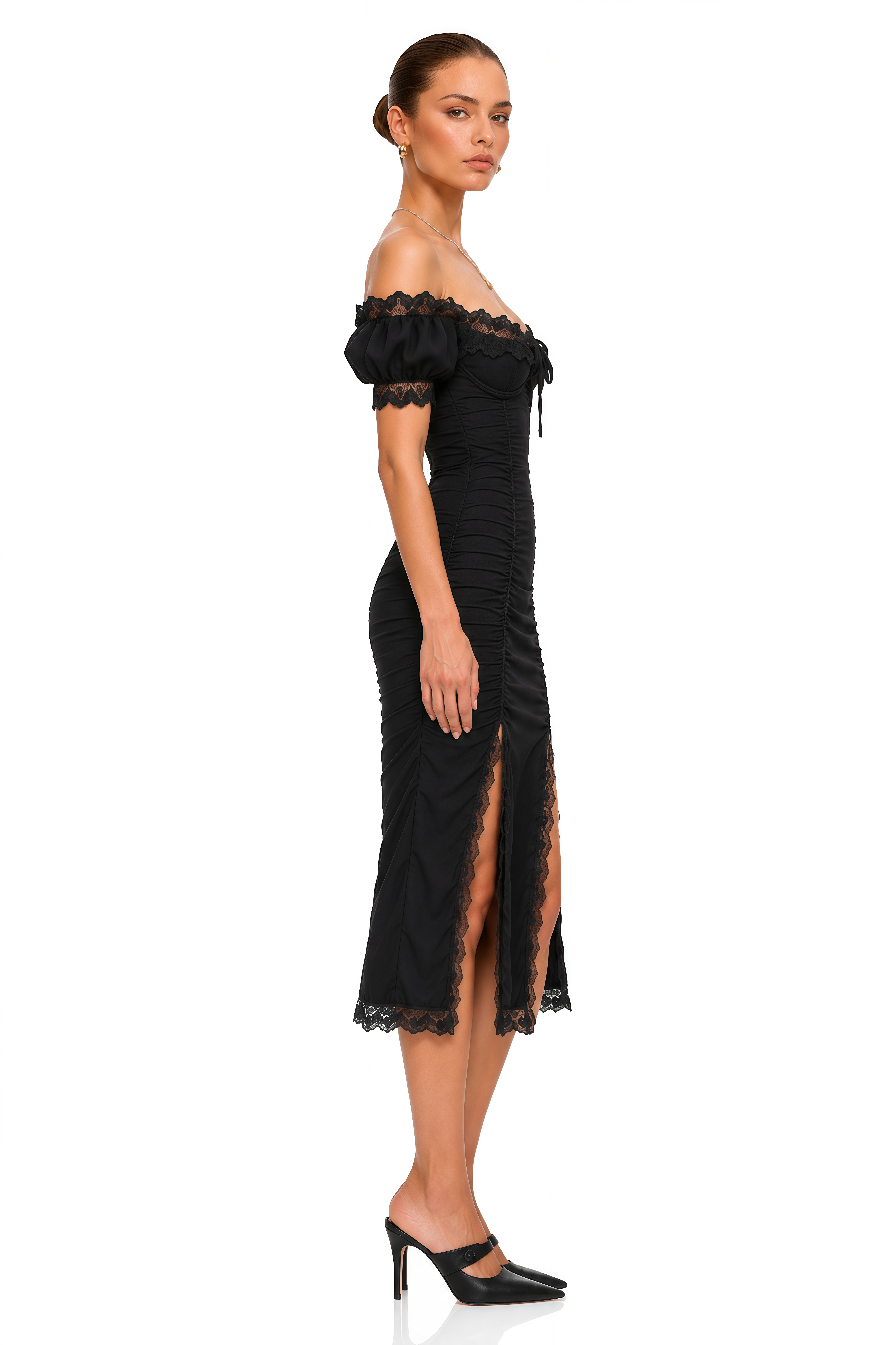 Prisha Black Lace Trim Ruched Off Shoulder Midi Dress