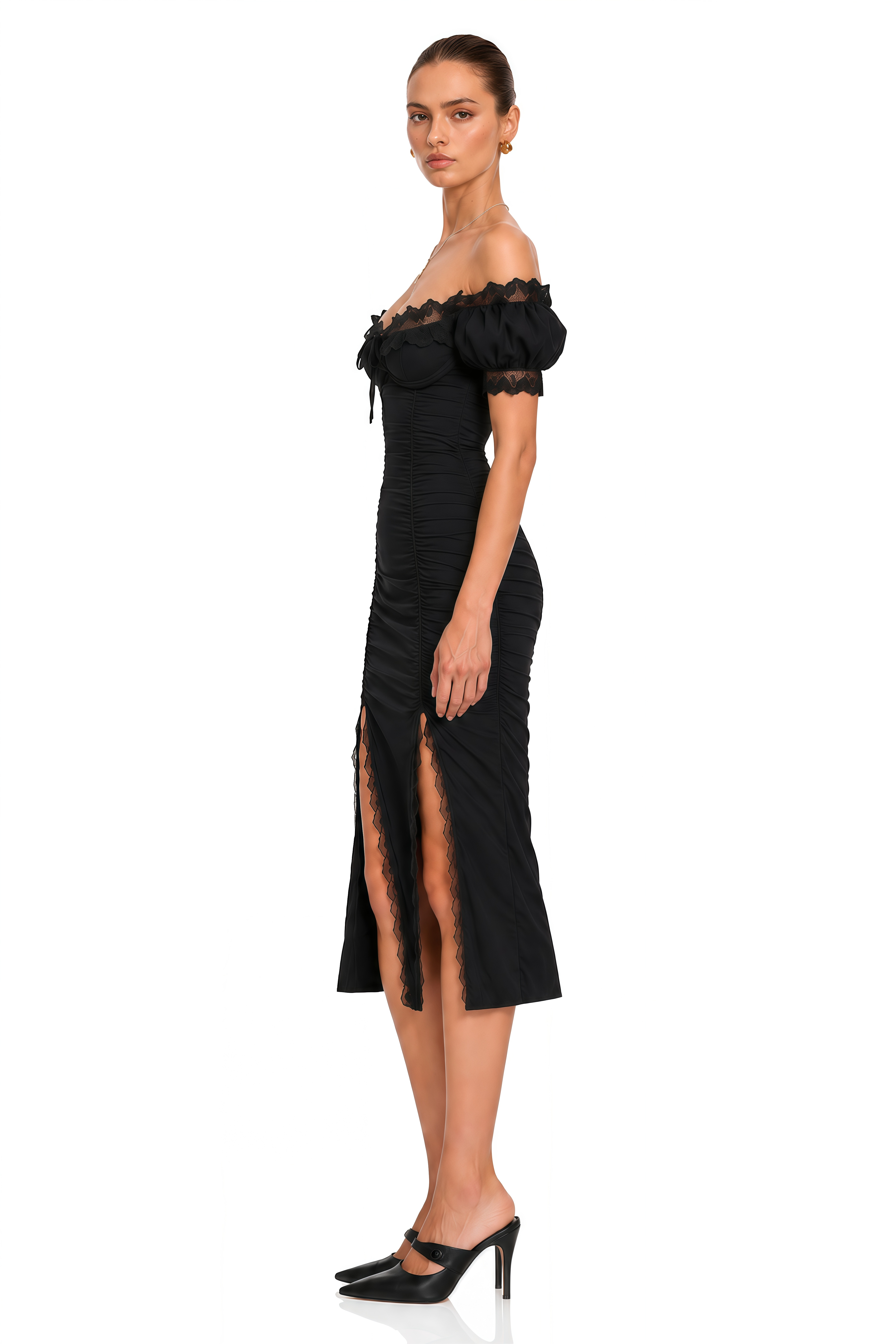 Prisha Black Lace Trim Ruched Off Shoulder Midi Dress