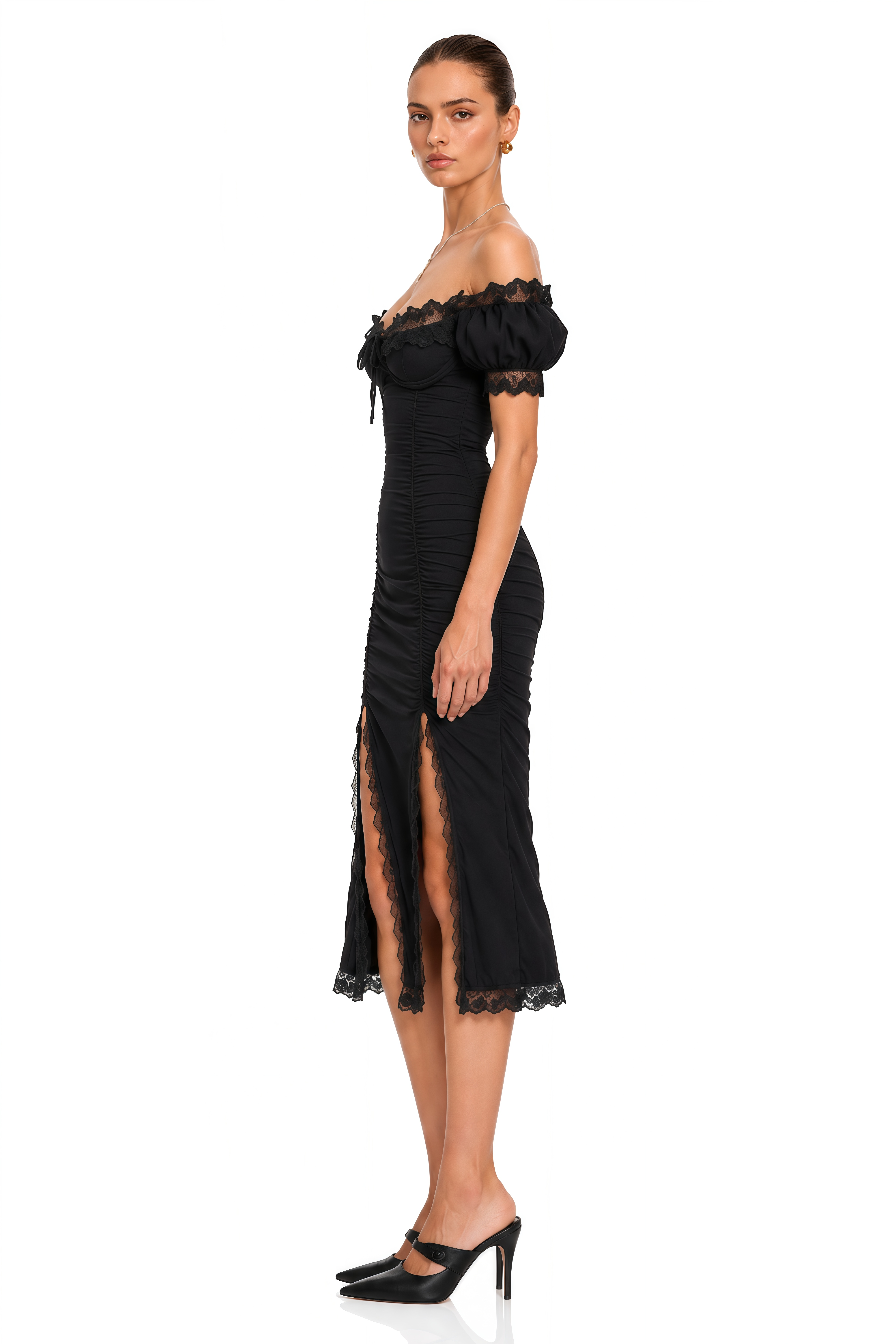 Prisha Black Lace Trim Ruched Off Shoulder Midi Dress