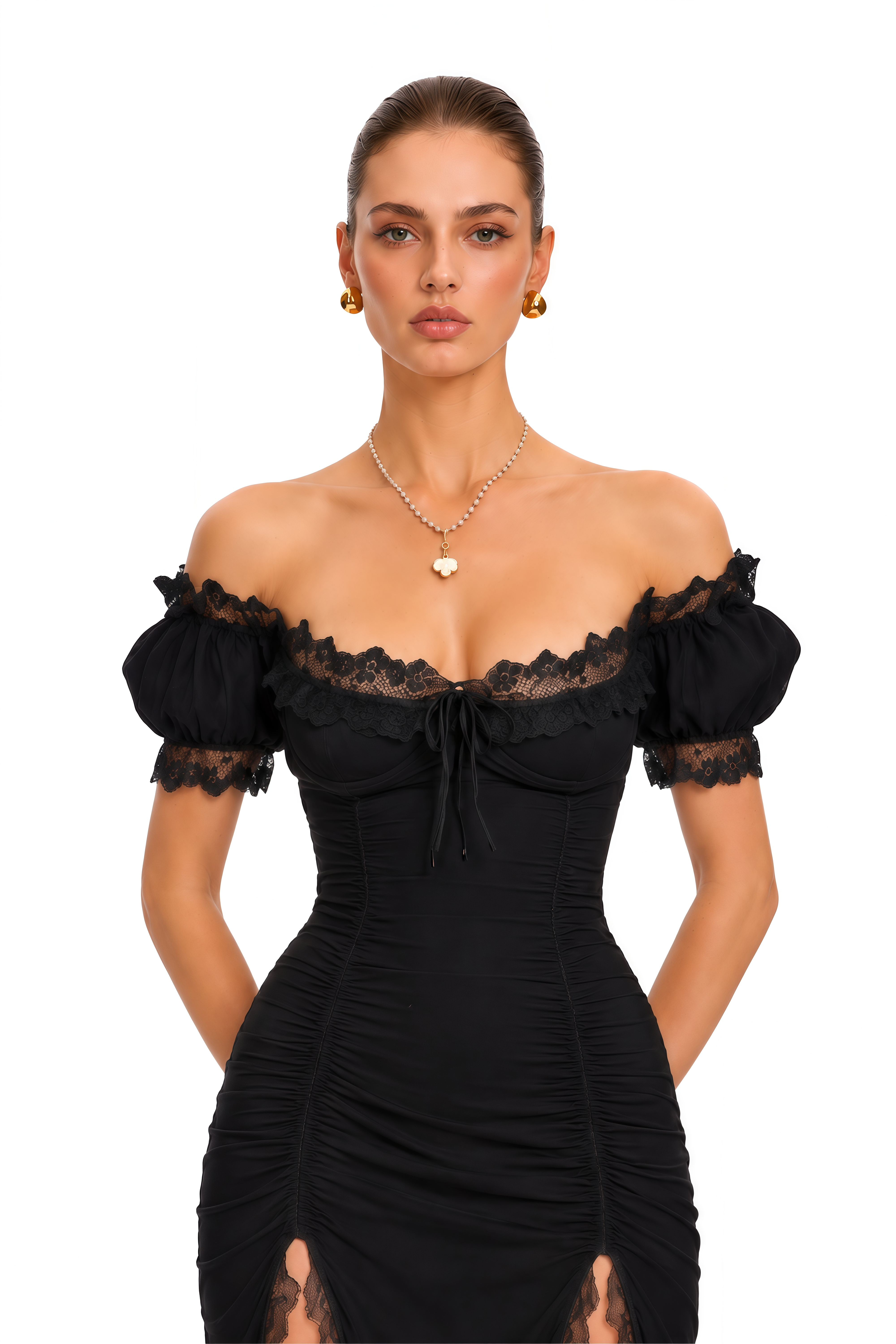 Prisha Black Lace Trim Ruched Off Shoulder Midi Dress