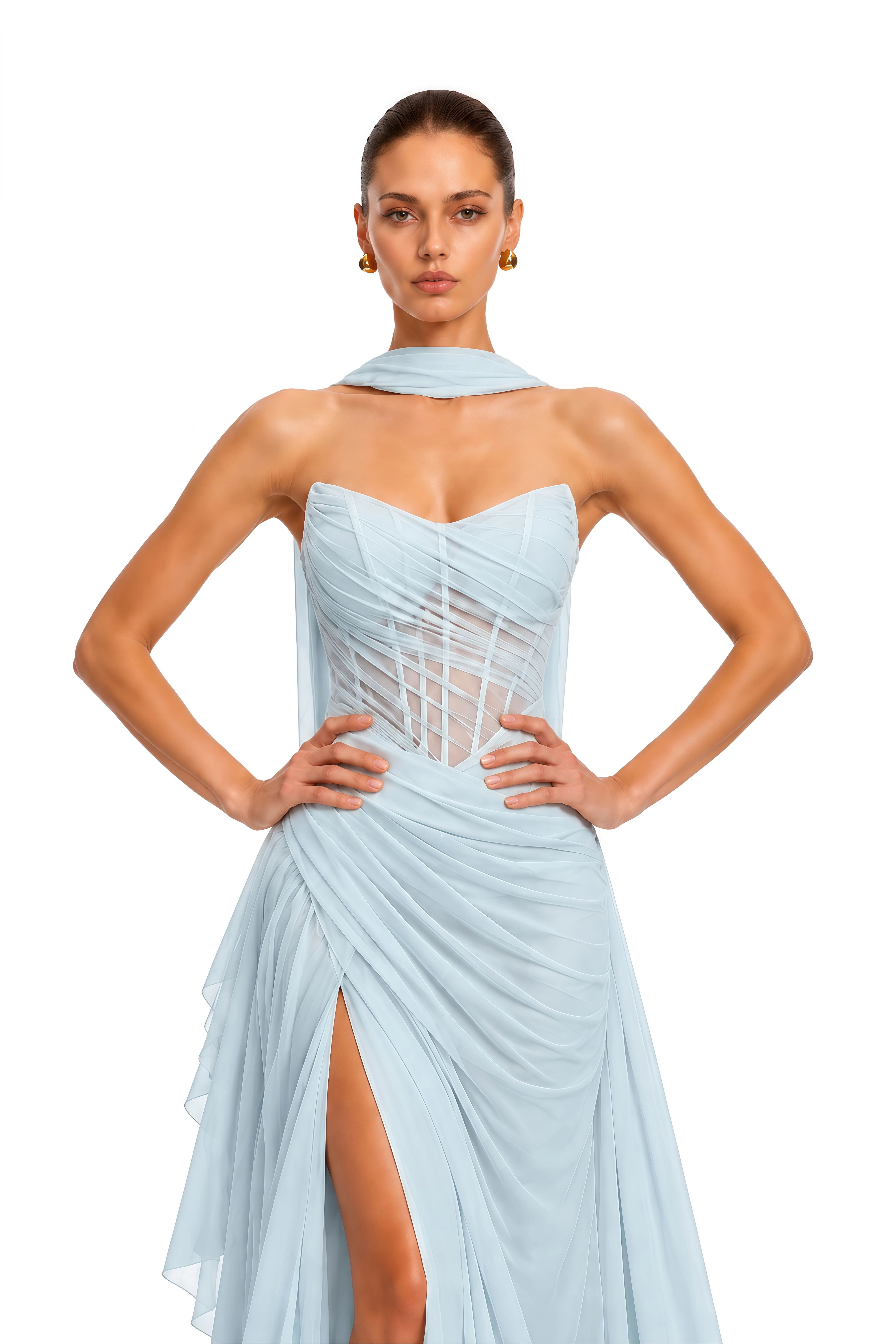 Prisha Blue Strapless Ruched Corset Slit Maxi Dress