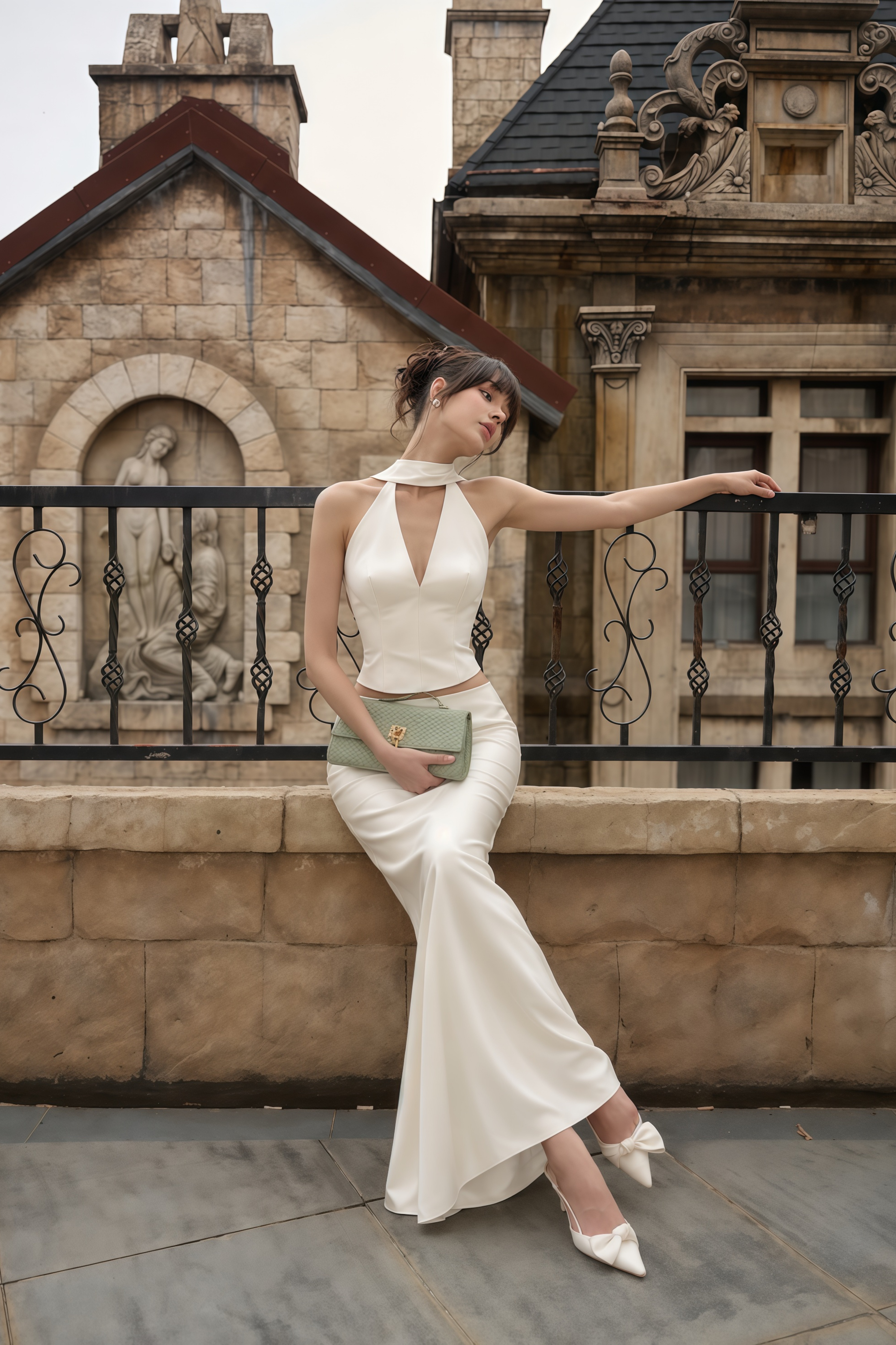 Querubina Ivory Plunge Neck Satin Top & Skirt Set