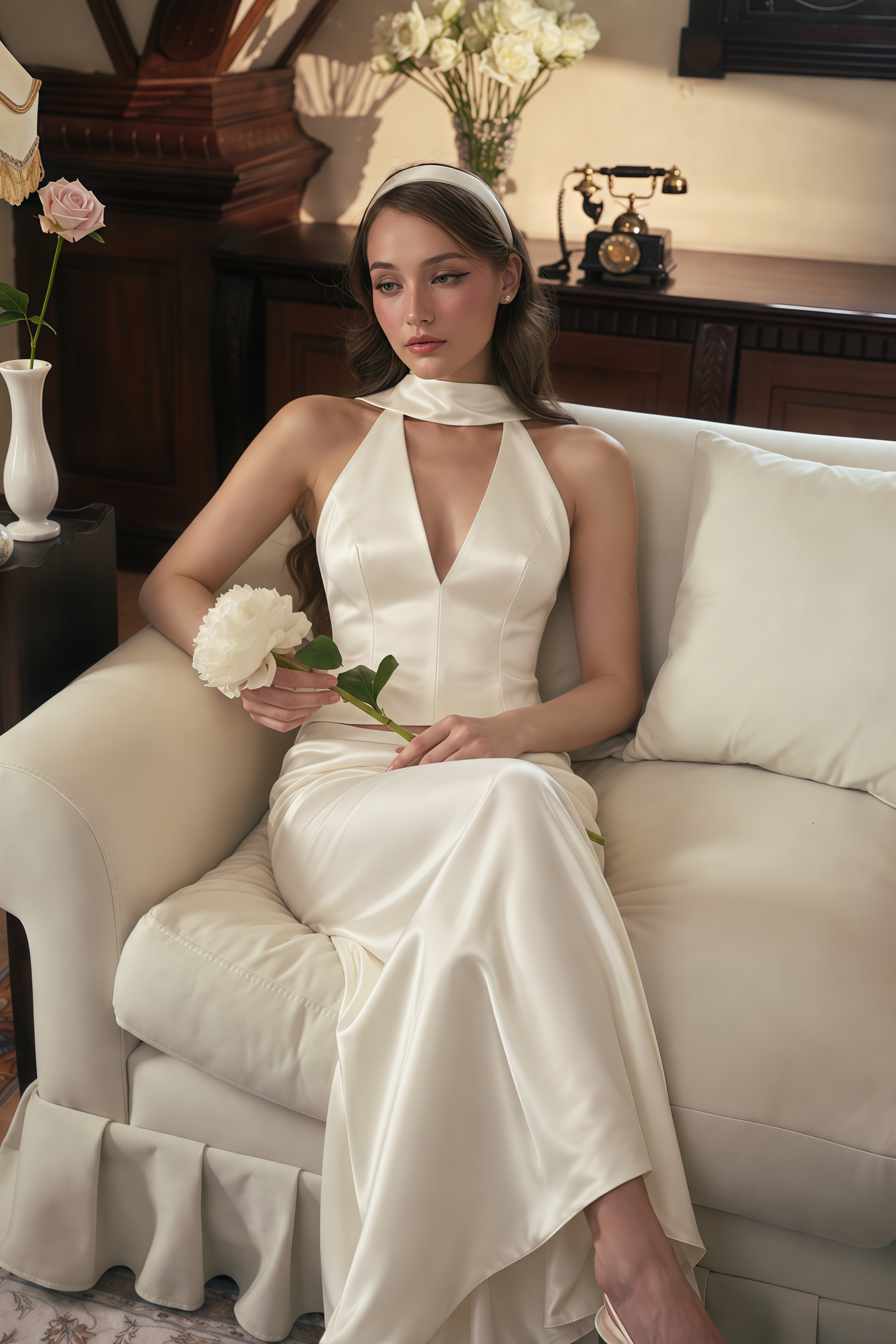 Querubina Ivory Plunge Neck Satin Top & Skirt Set