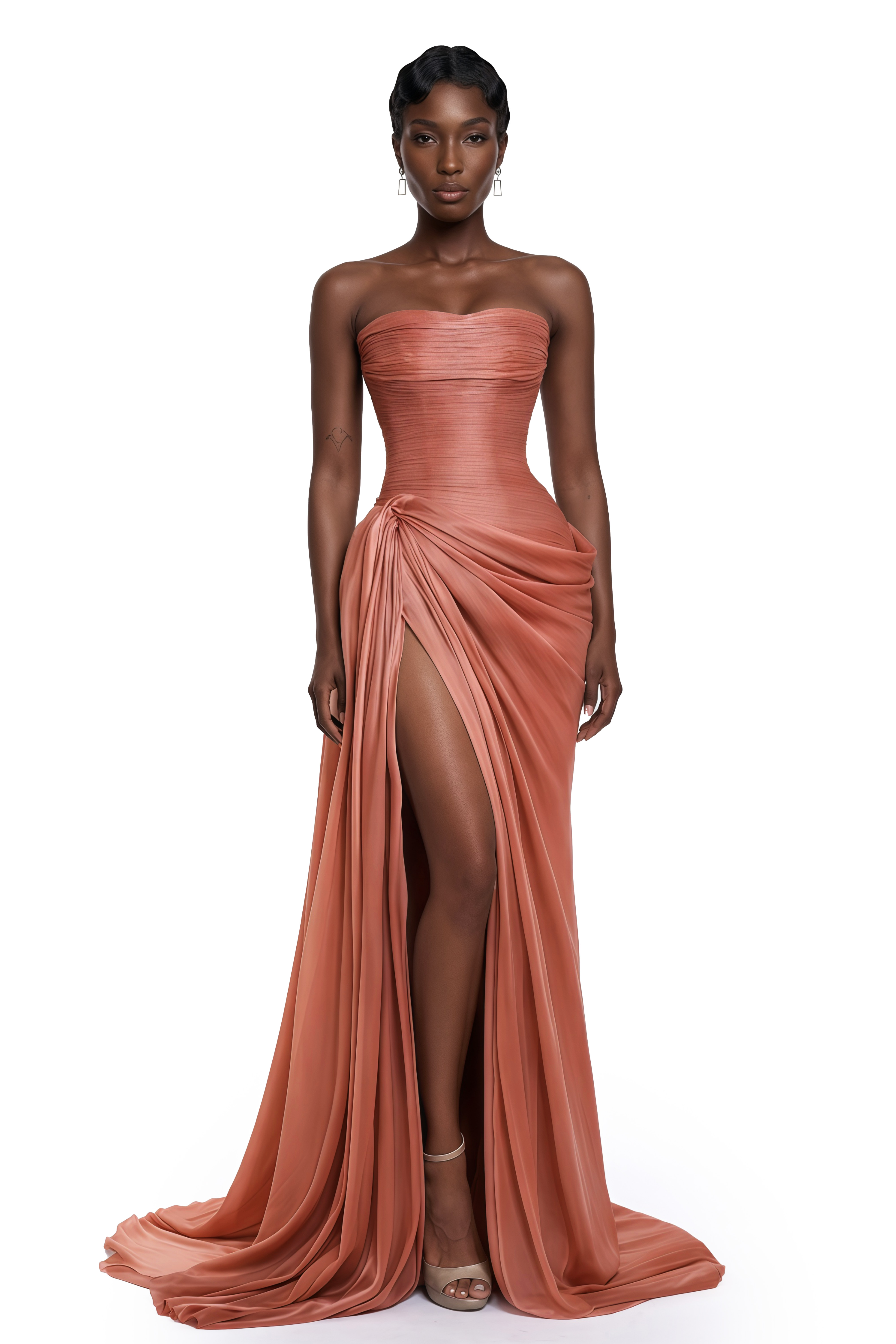 Dusty rose strapless gown with draped skirt and high slit