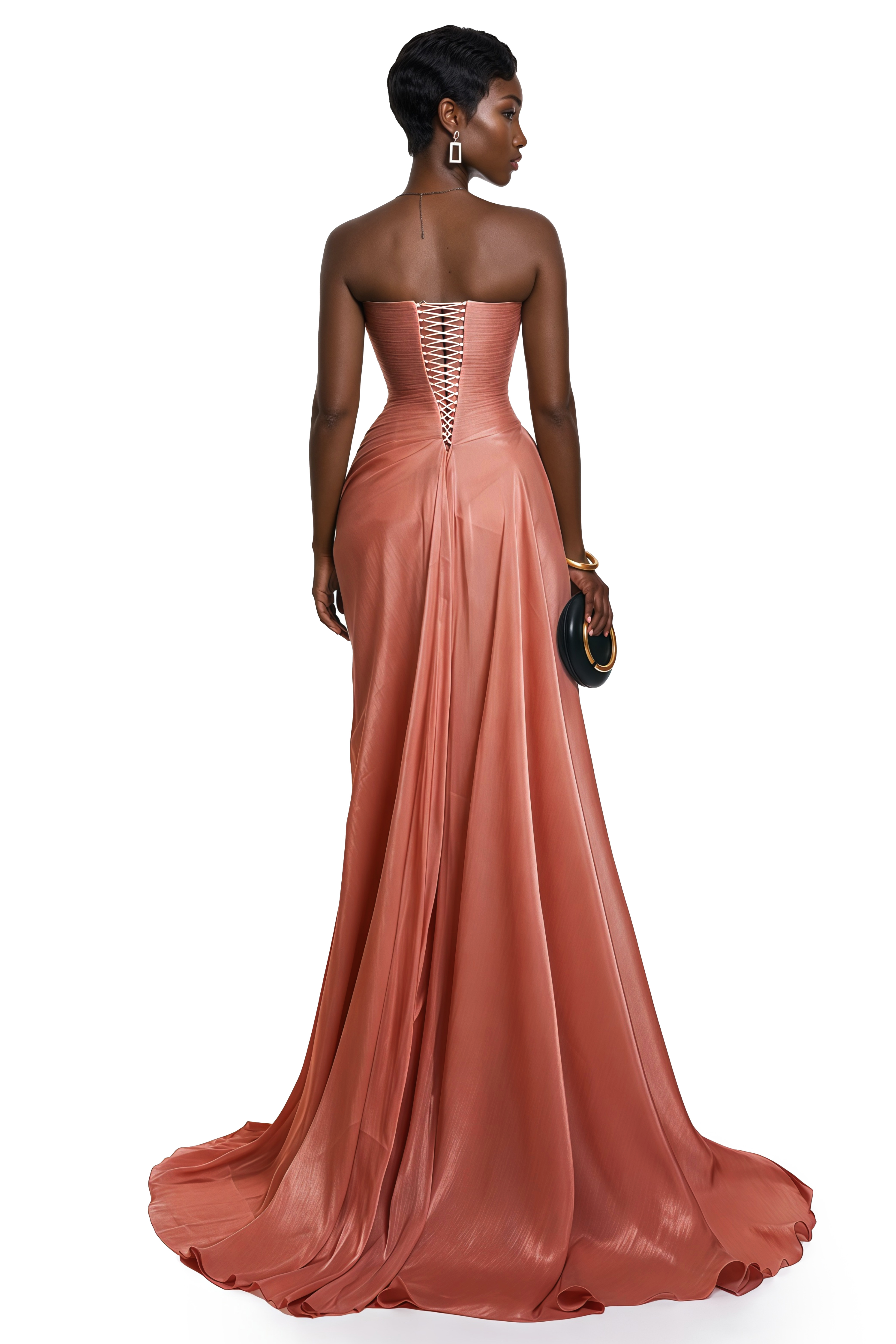 Dusty rose strapless gown with draped skirt and high slit
