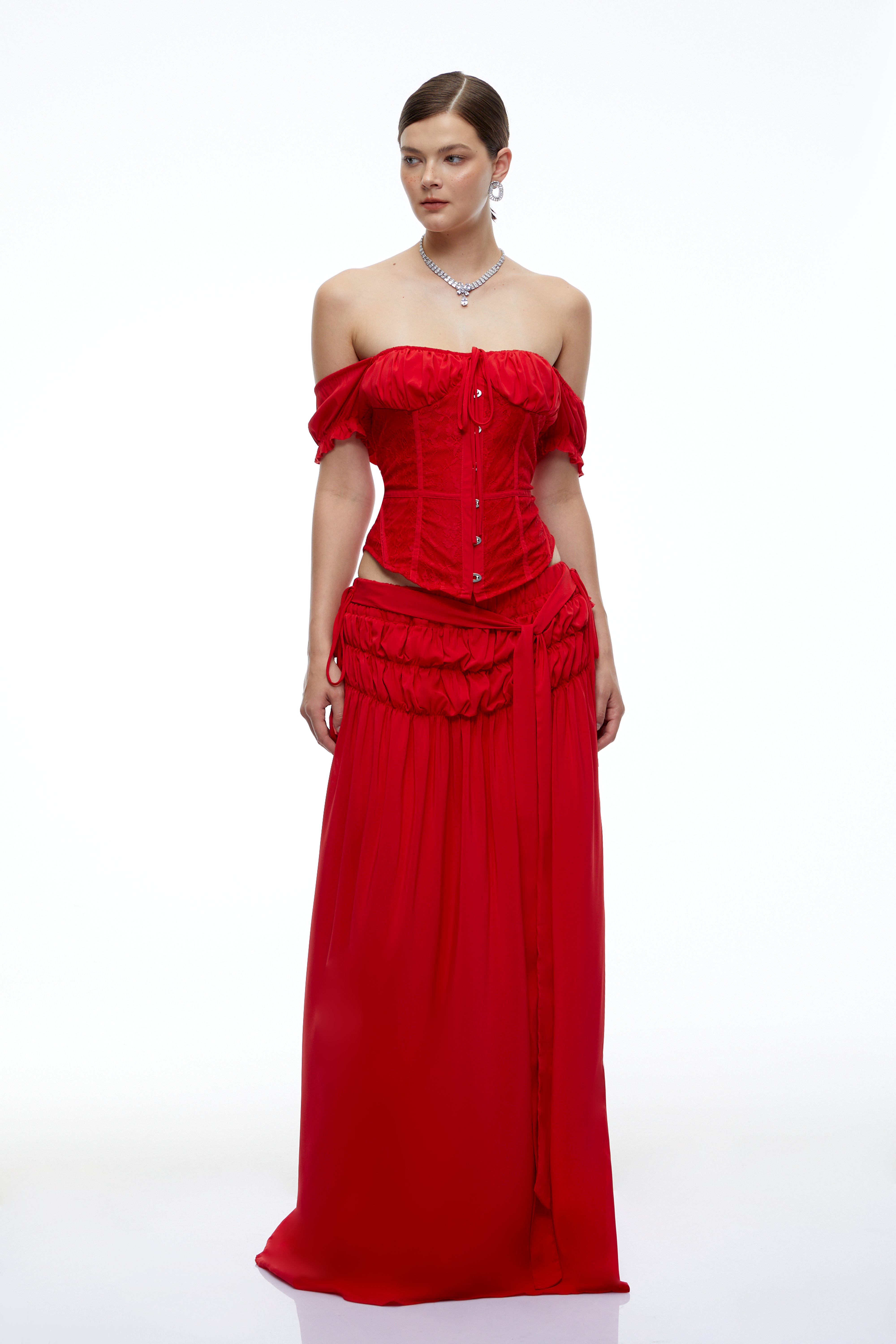 Quinn Red Off-Shoulder Corset Top & Maxi Skirt Set